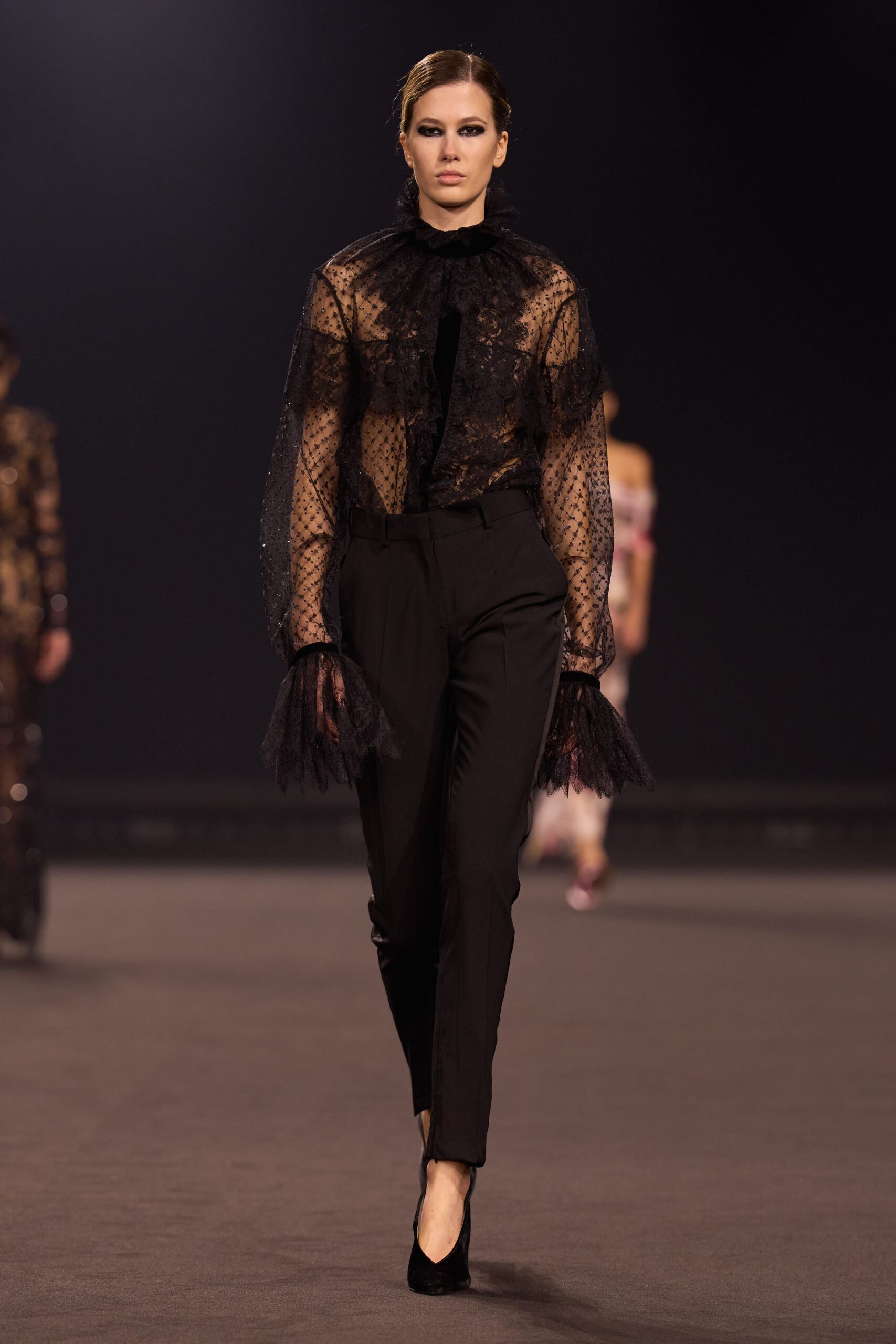 black lace long-sleeve collared fitted ruffled sheer blouse
