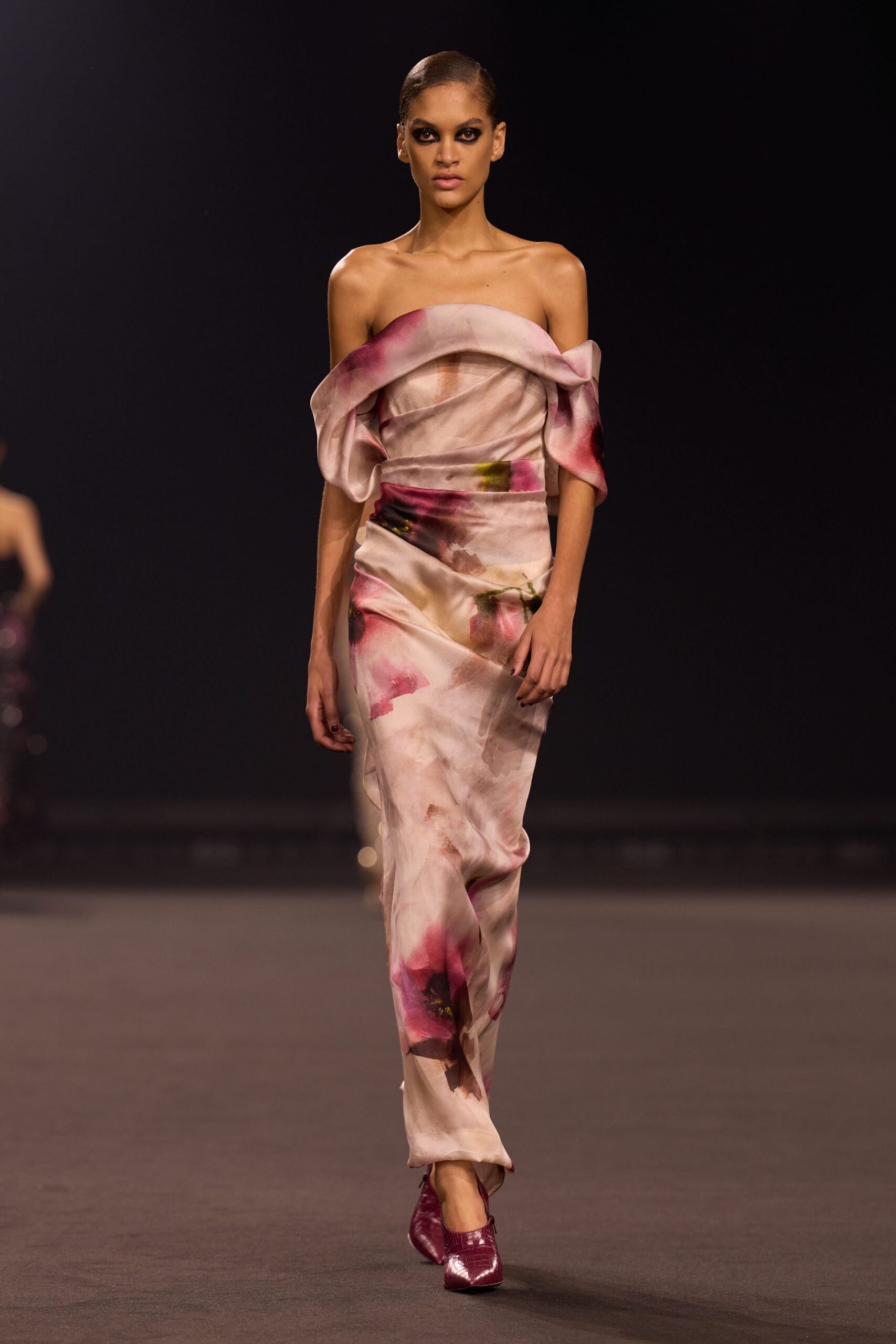 pink silk strapless fitted floral draped flowing gown