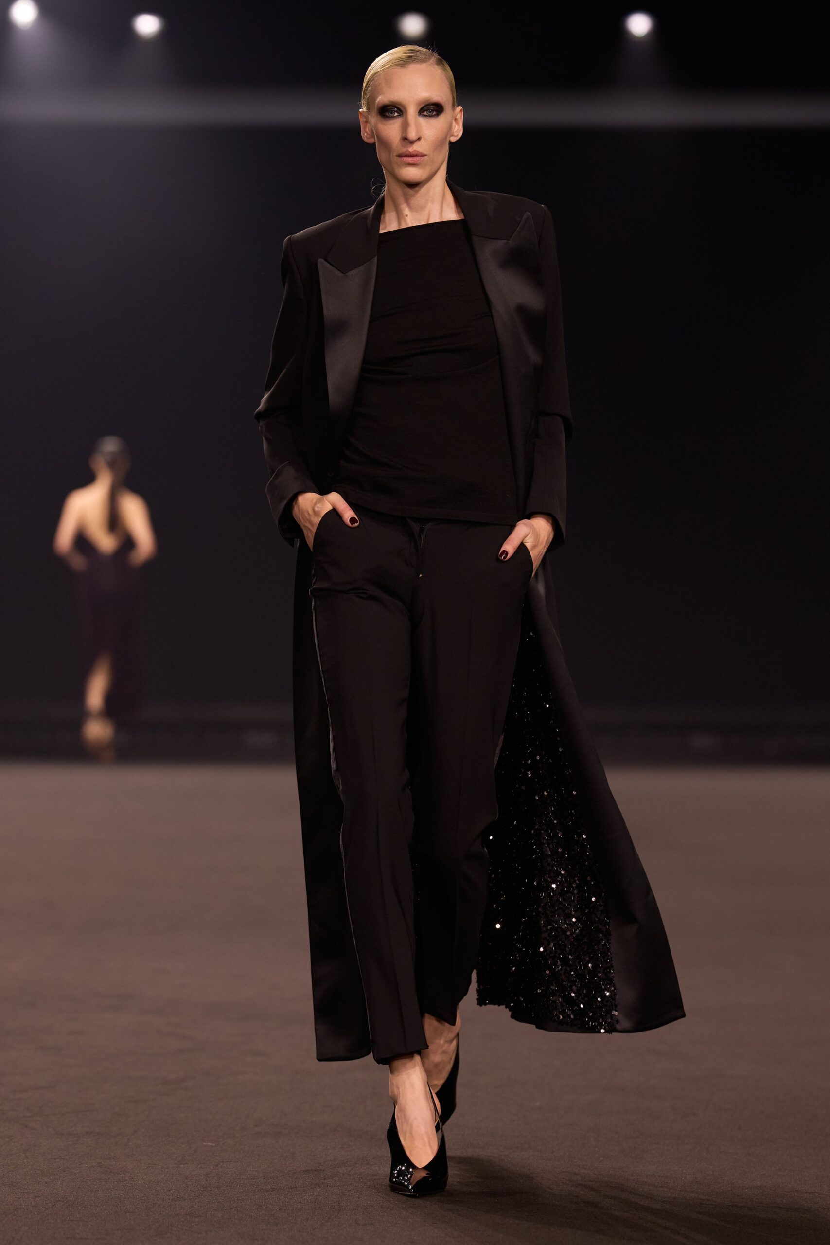 black silk long-sleeve collared structured buttoned blazer