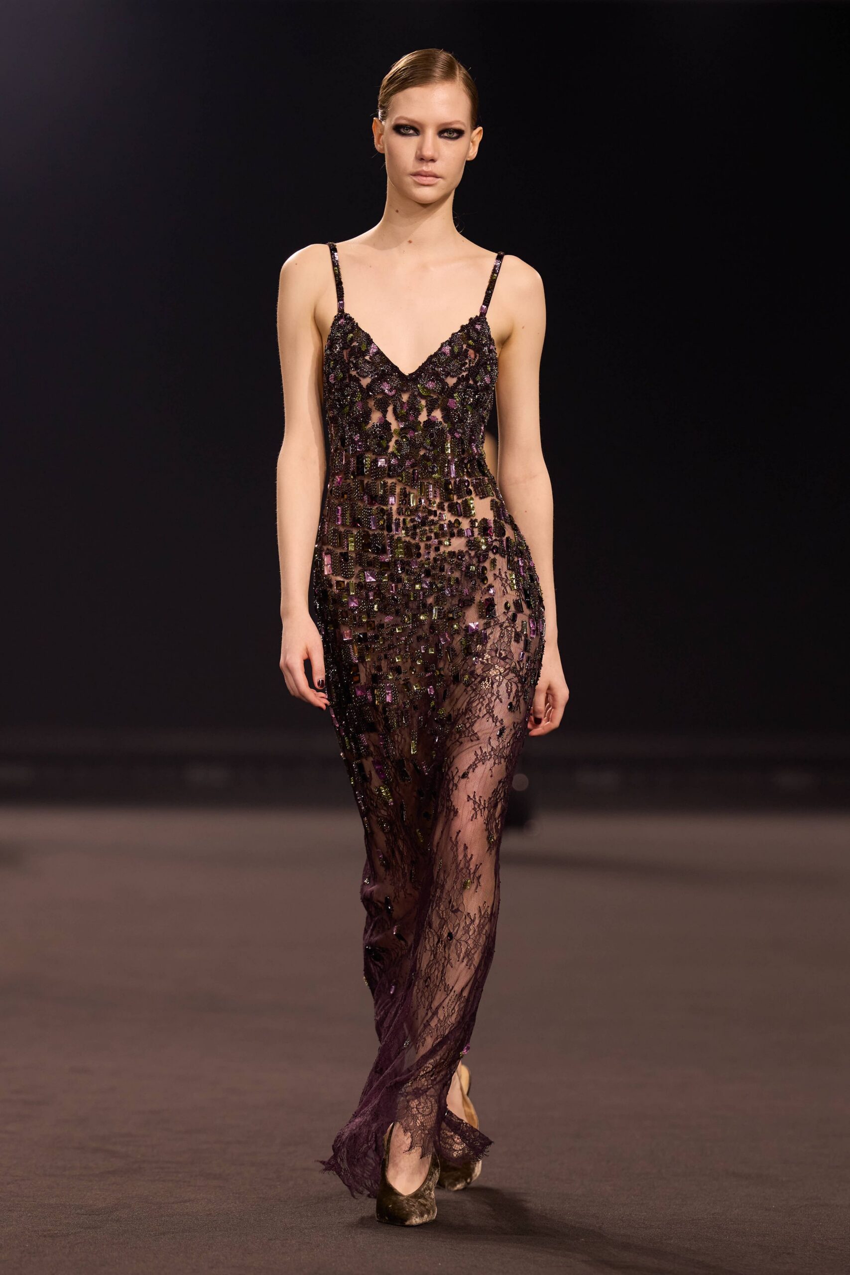 purple lace sleeveless v-neck fitted embroidered gown
