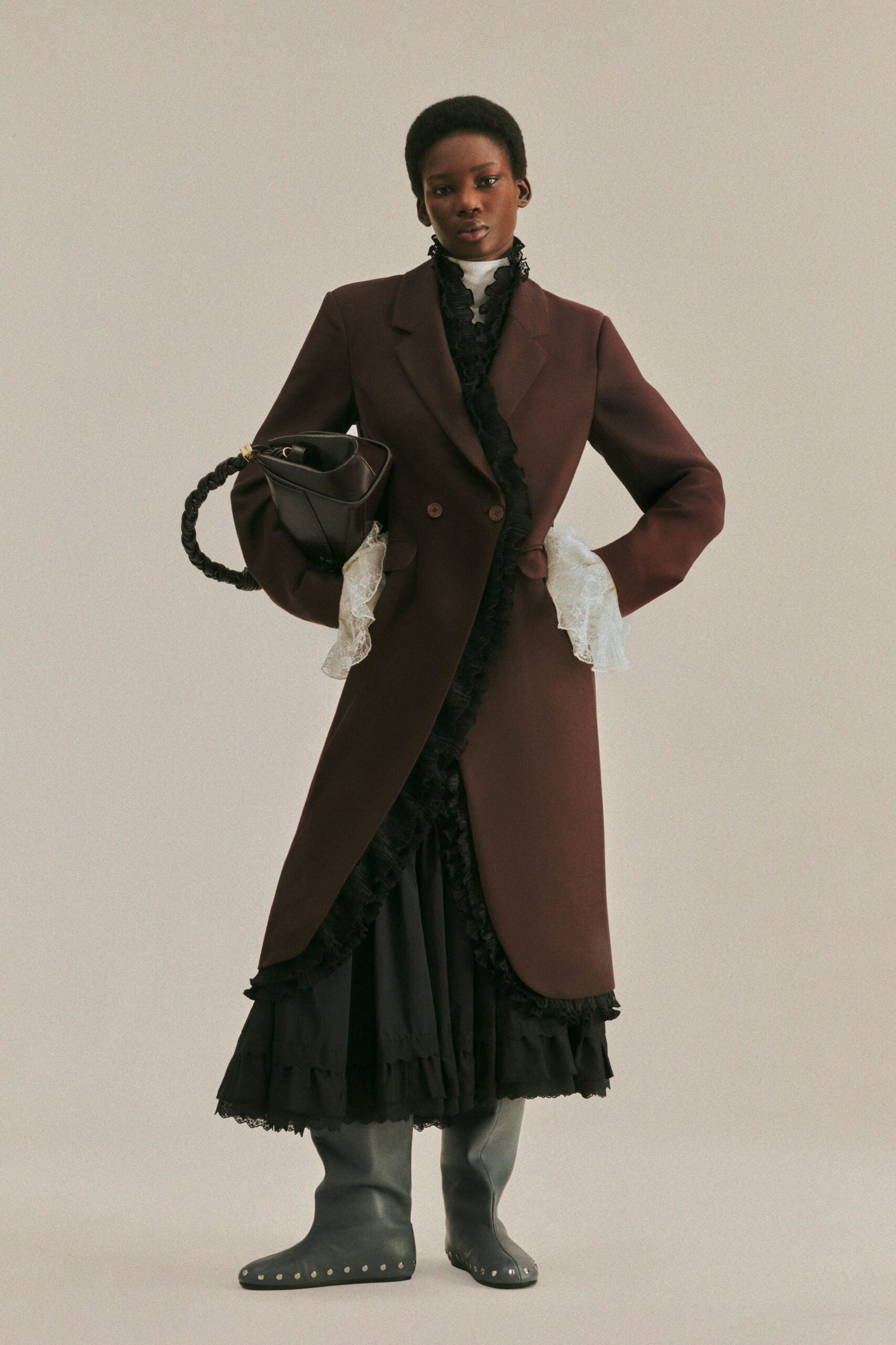 brown wool long-sleeve collared tailored ruffled coat
