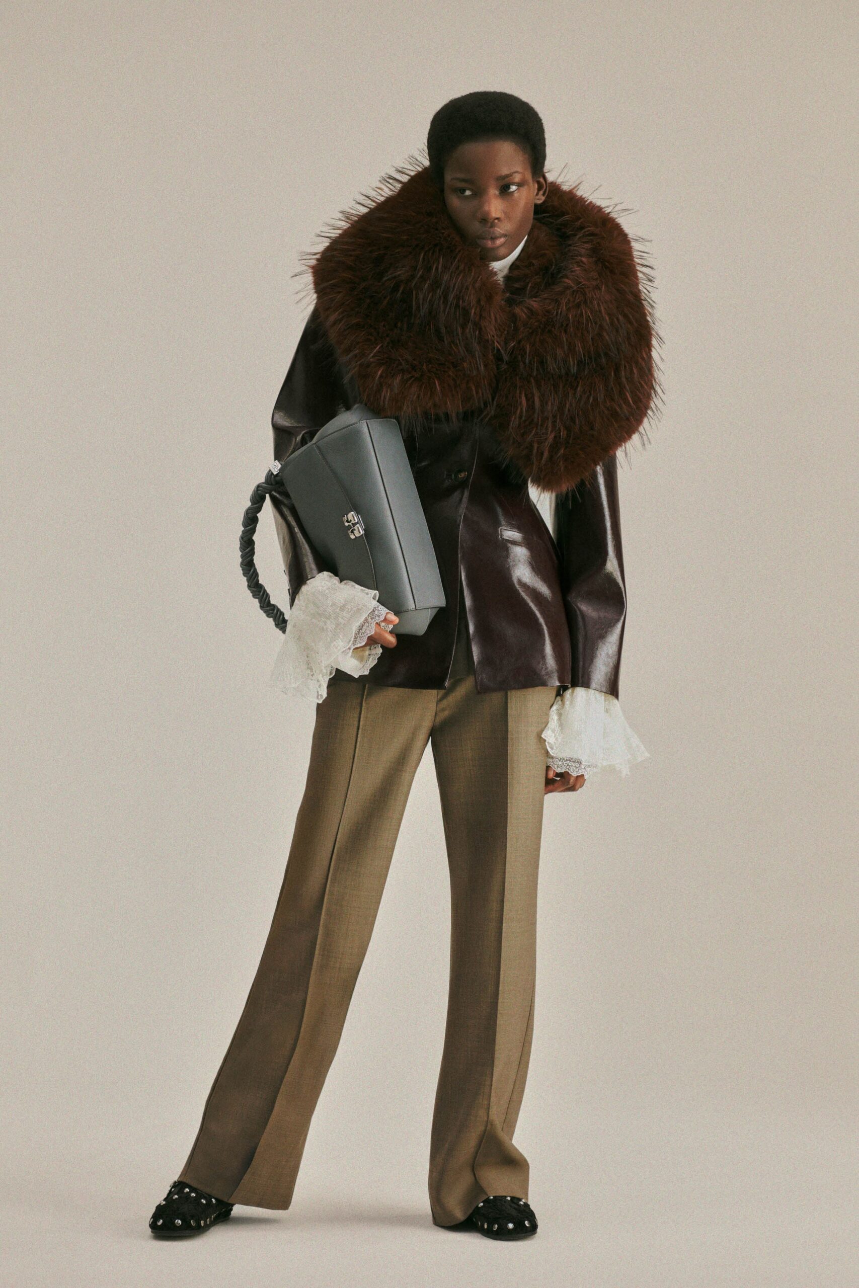 brown leather long-sleeve collared relaxed layered jacket