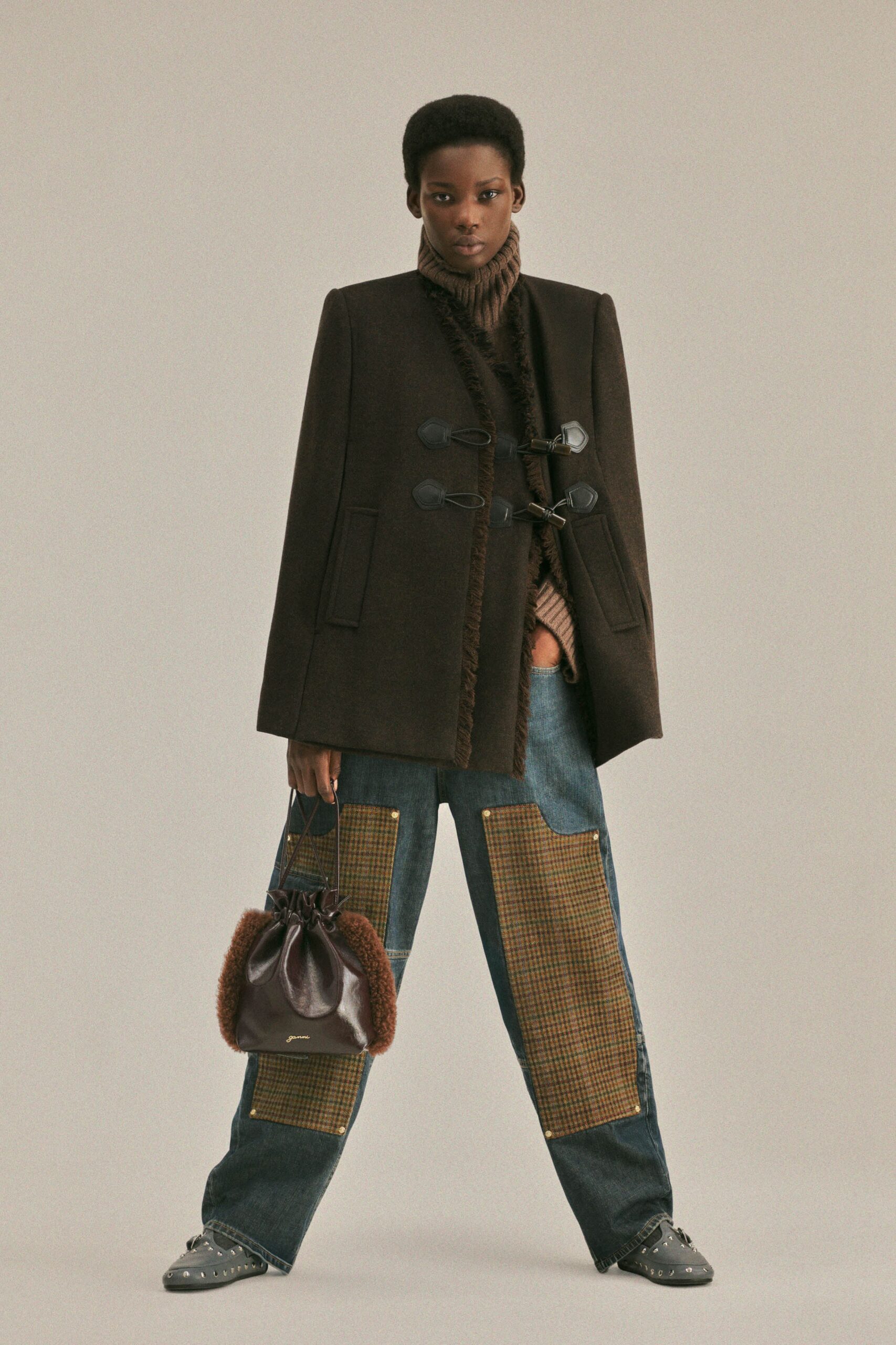 brown wool long-sleeve collared structured buttoned coat