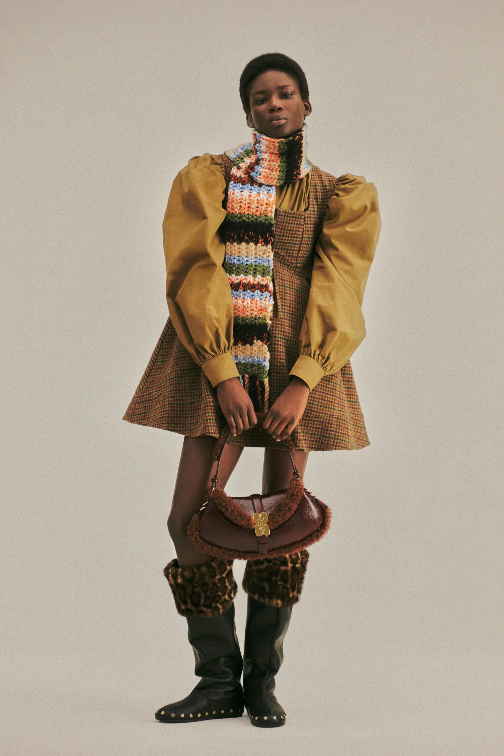 brown checked mini dress with scarf