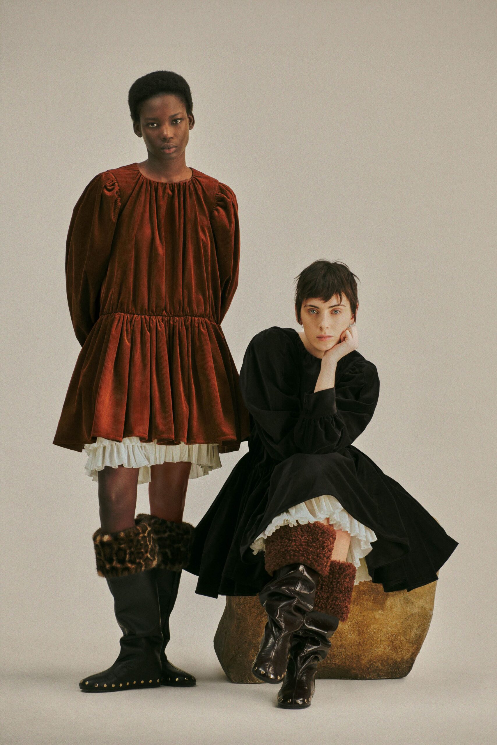 brown cotton long-sleeve collared relaxed pleated ruffled dress