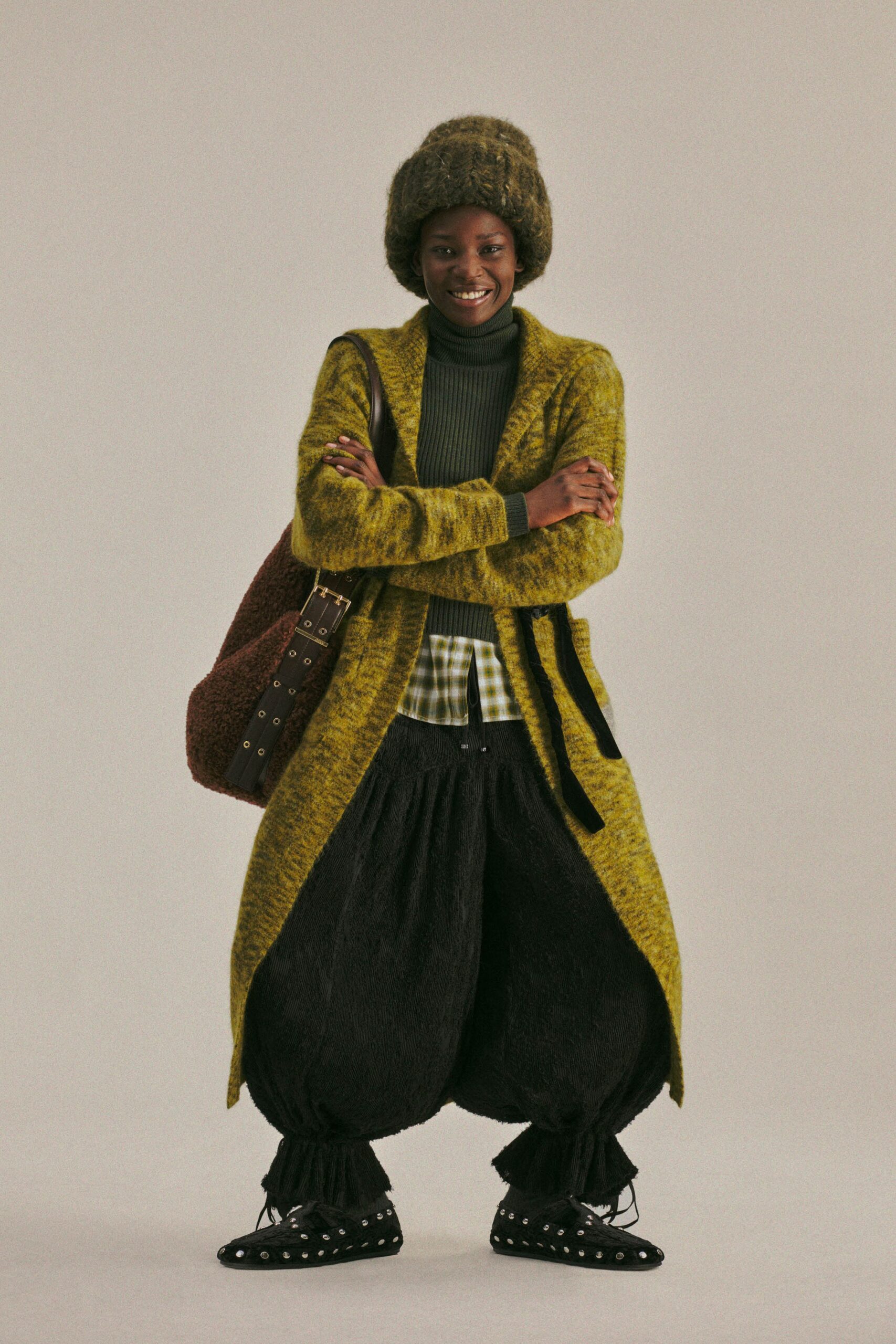 yellow wool long-sleeve collared relaxed layered coat