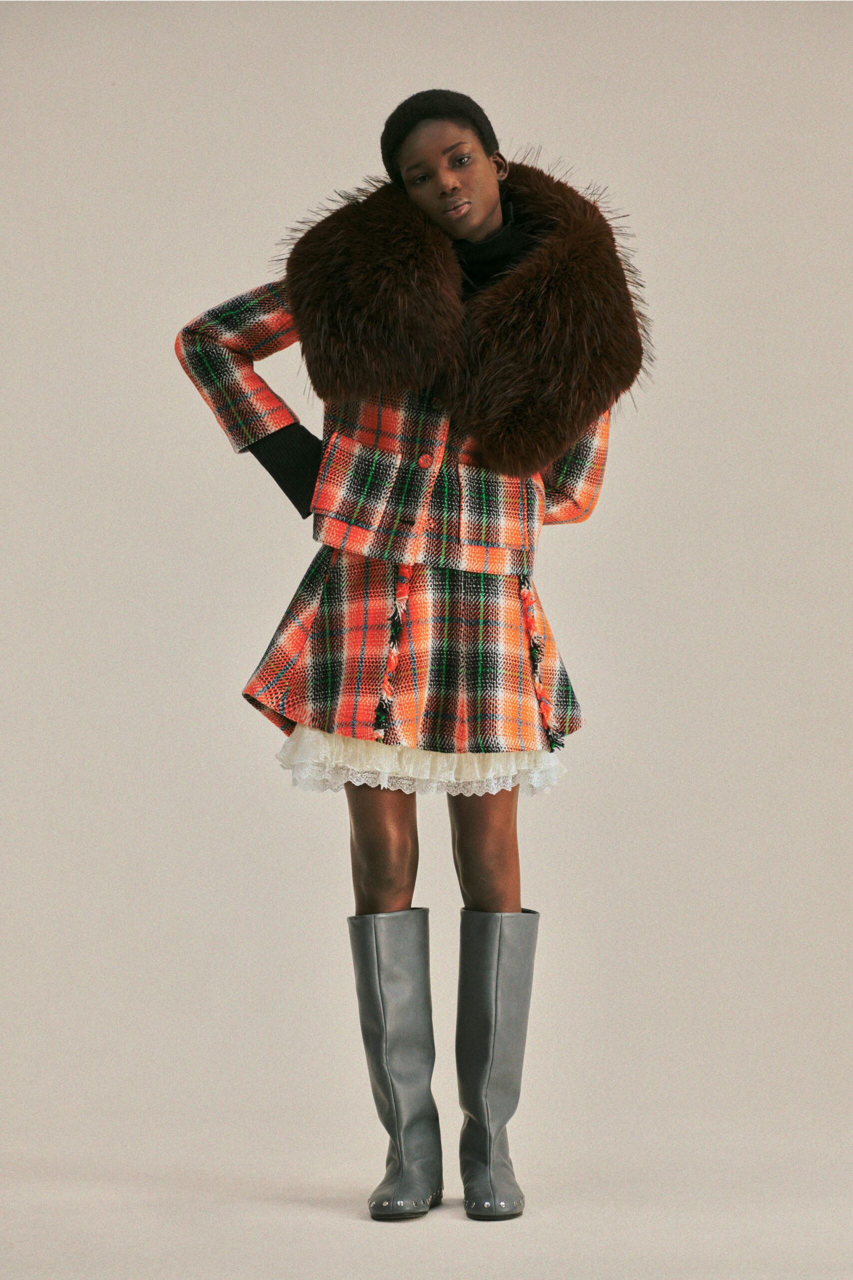orange wool long-sleeve collared fitted checked layered coat