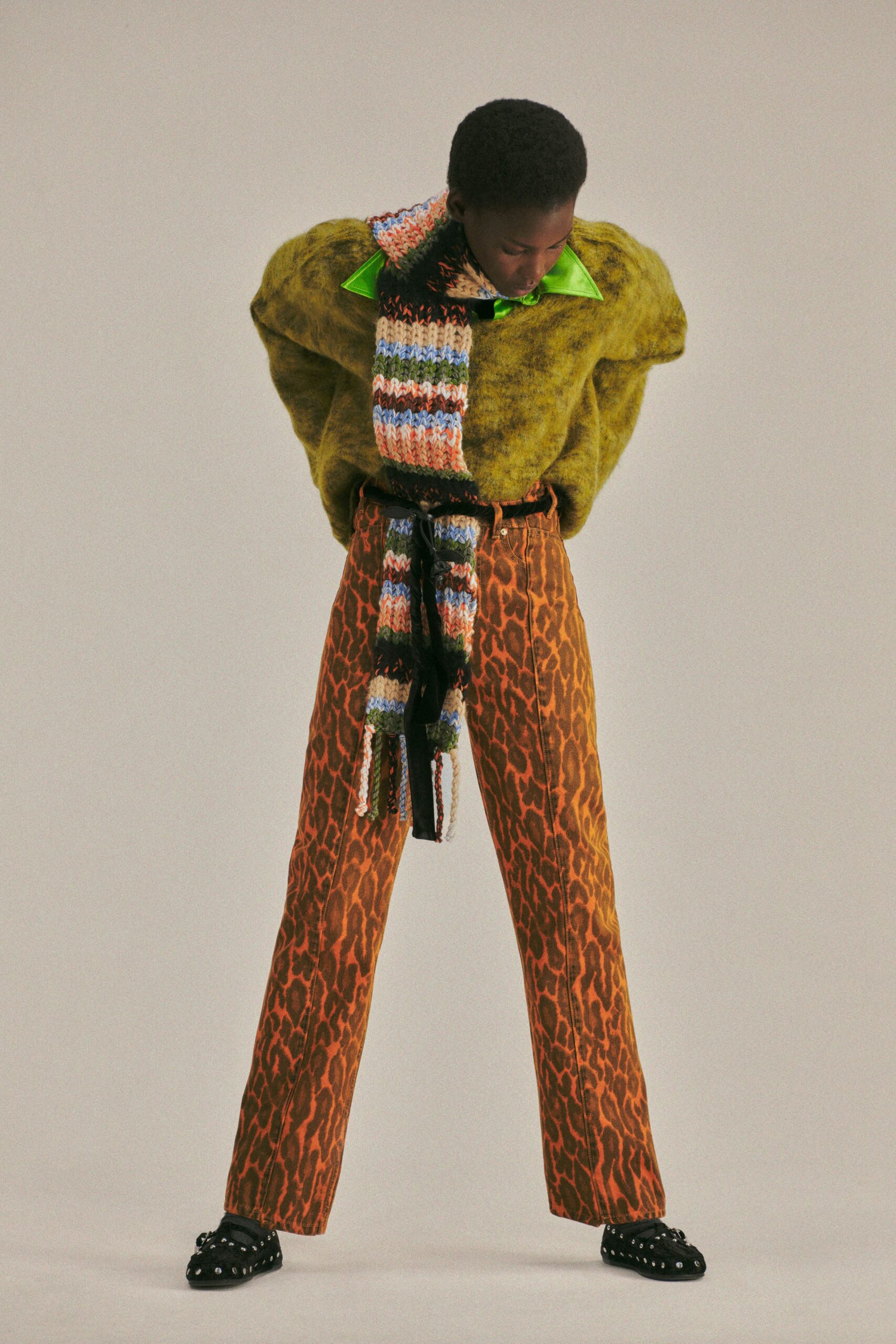 green wool long-sleeve high-neck oversized textured sweater