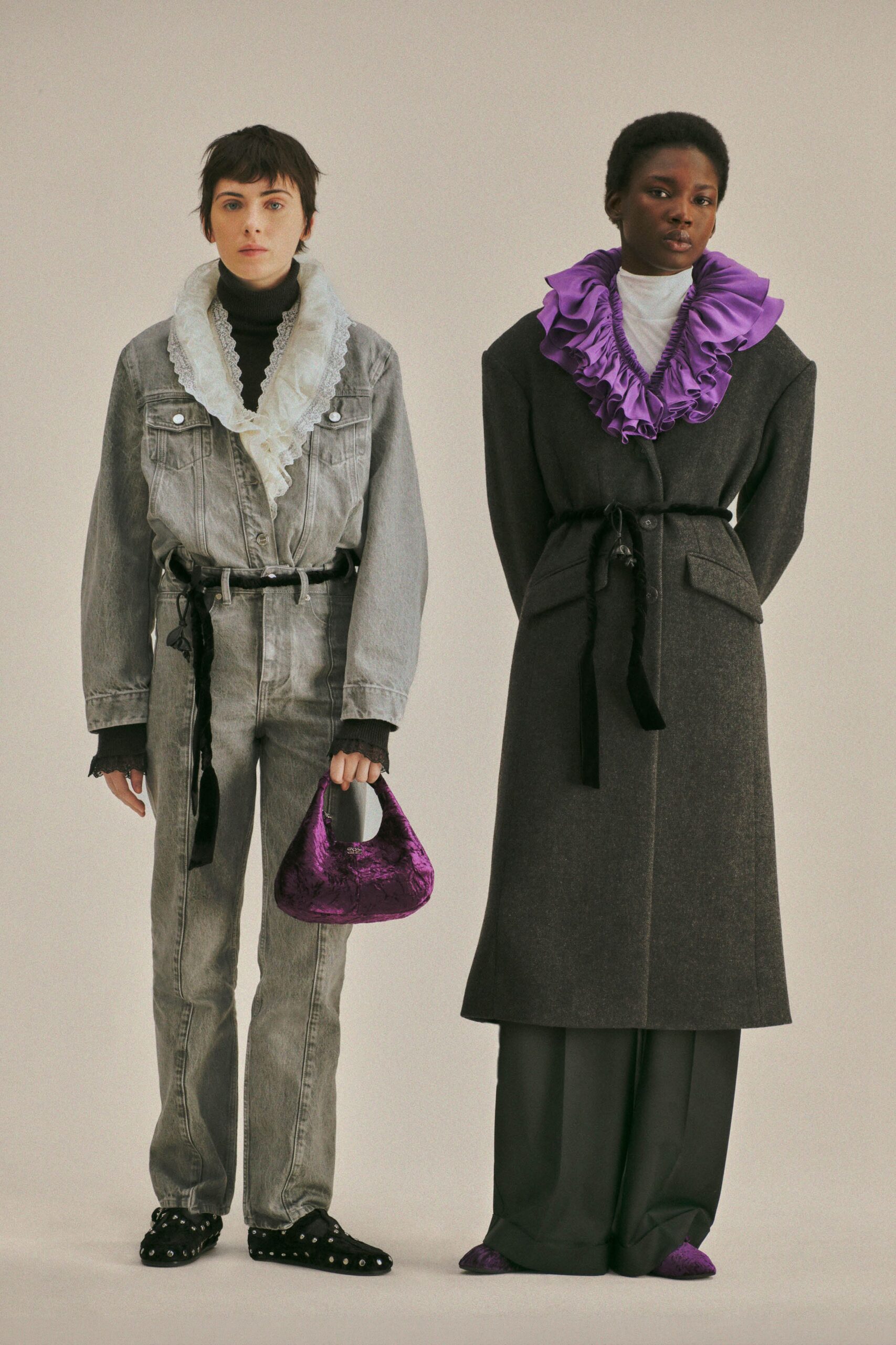 black wool long-sleeve collared fitted ruffled coat