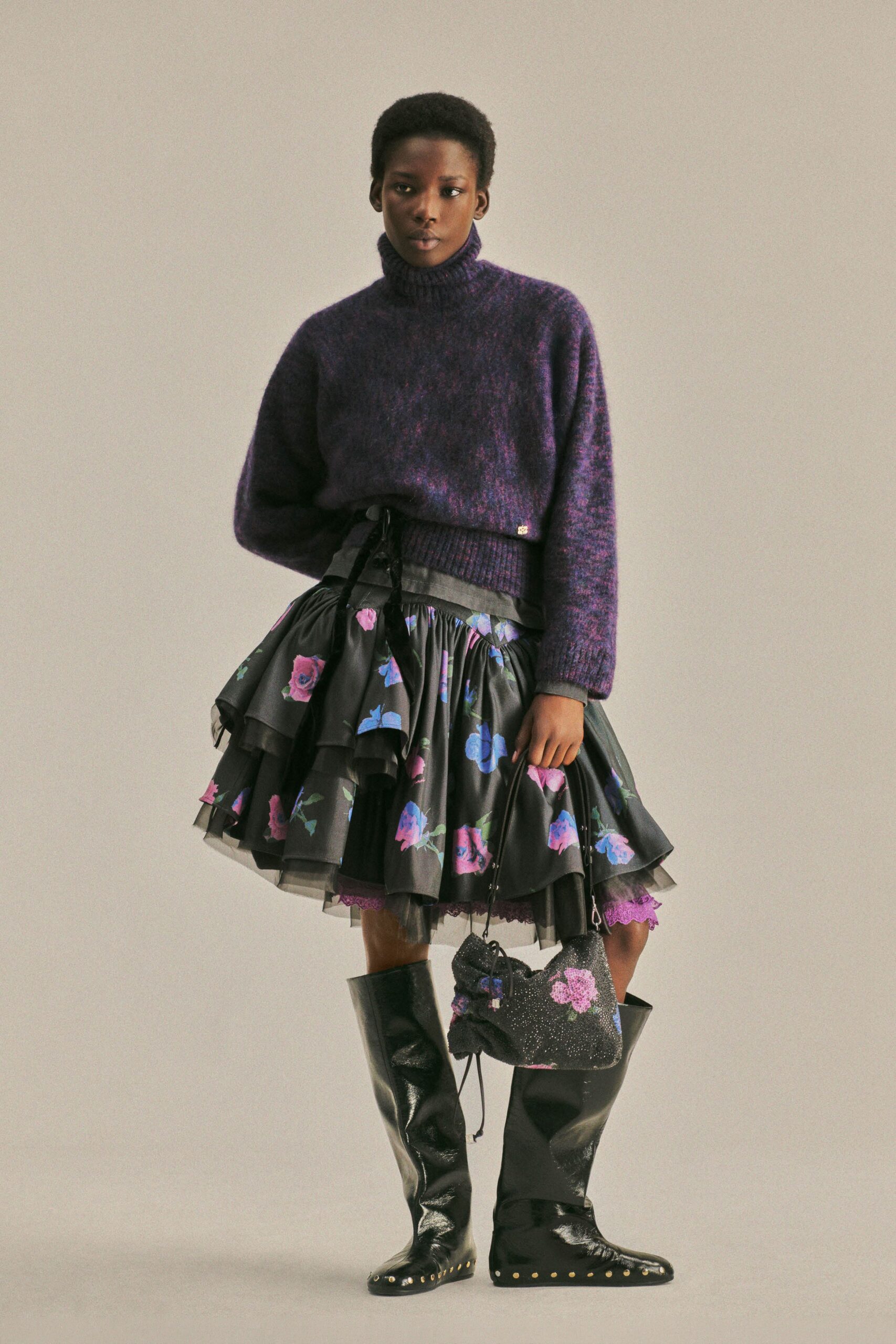 purple wool long-sleeve turtleneck relaxed sweater