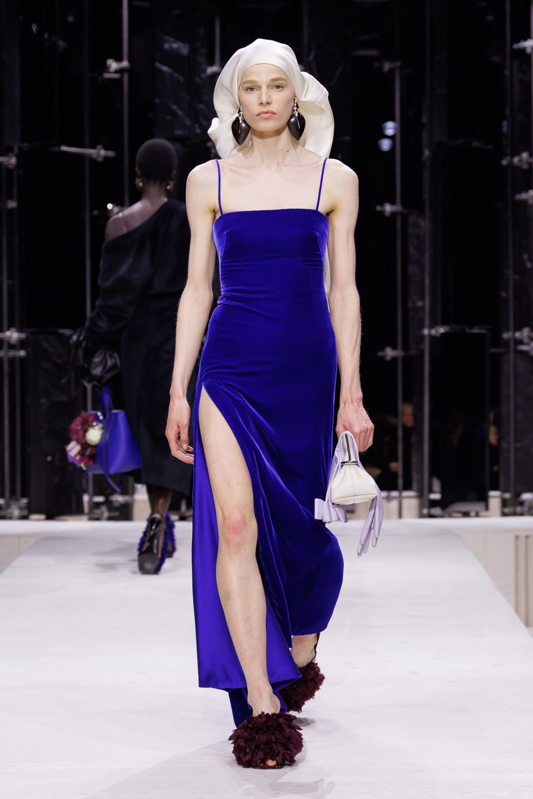 blue velvet sleeveless v-neck fitted maxi gown