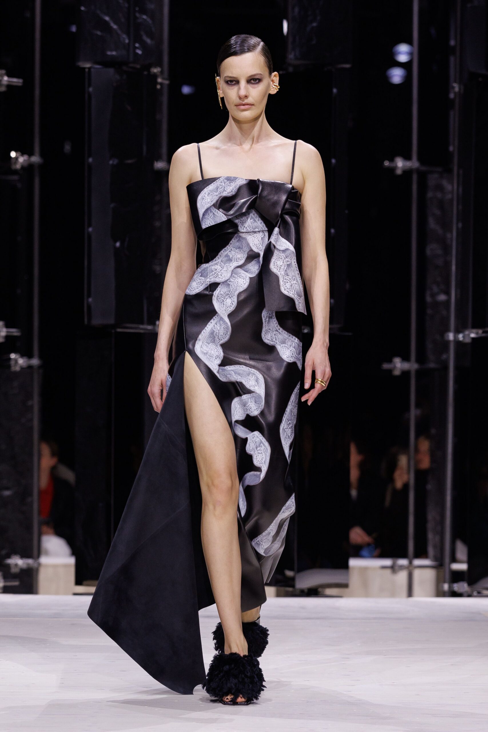black silk sleeveless v-neck fitted ruffled layered gown