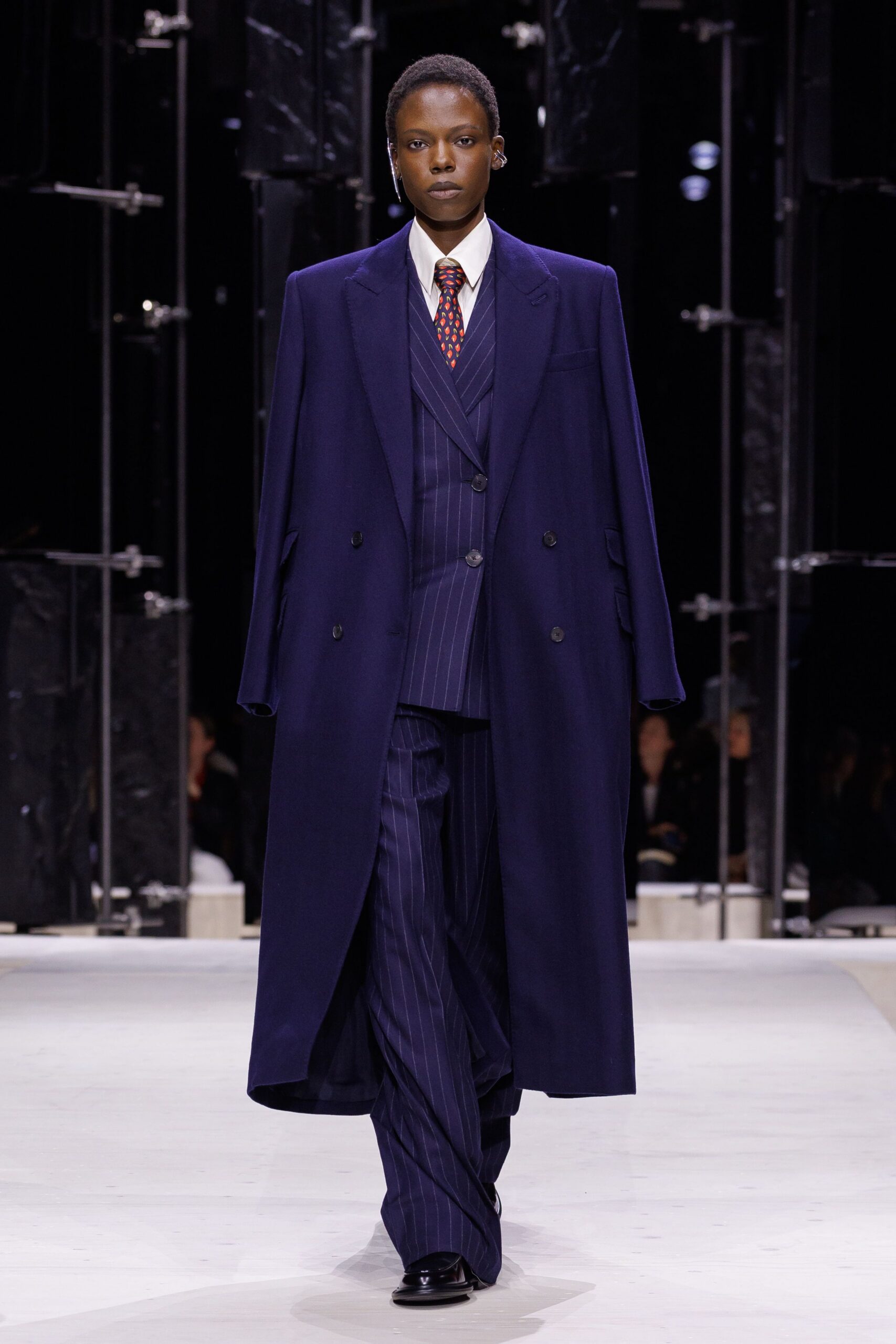 blue wool long-sleeve collared oversized buttoned coat