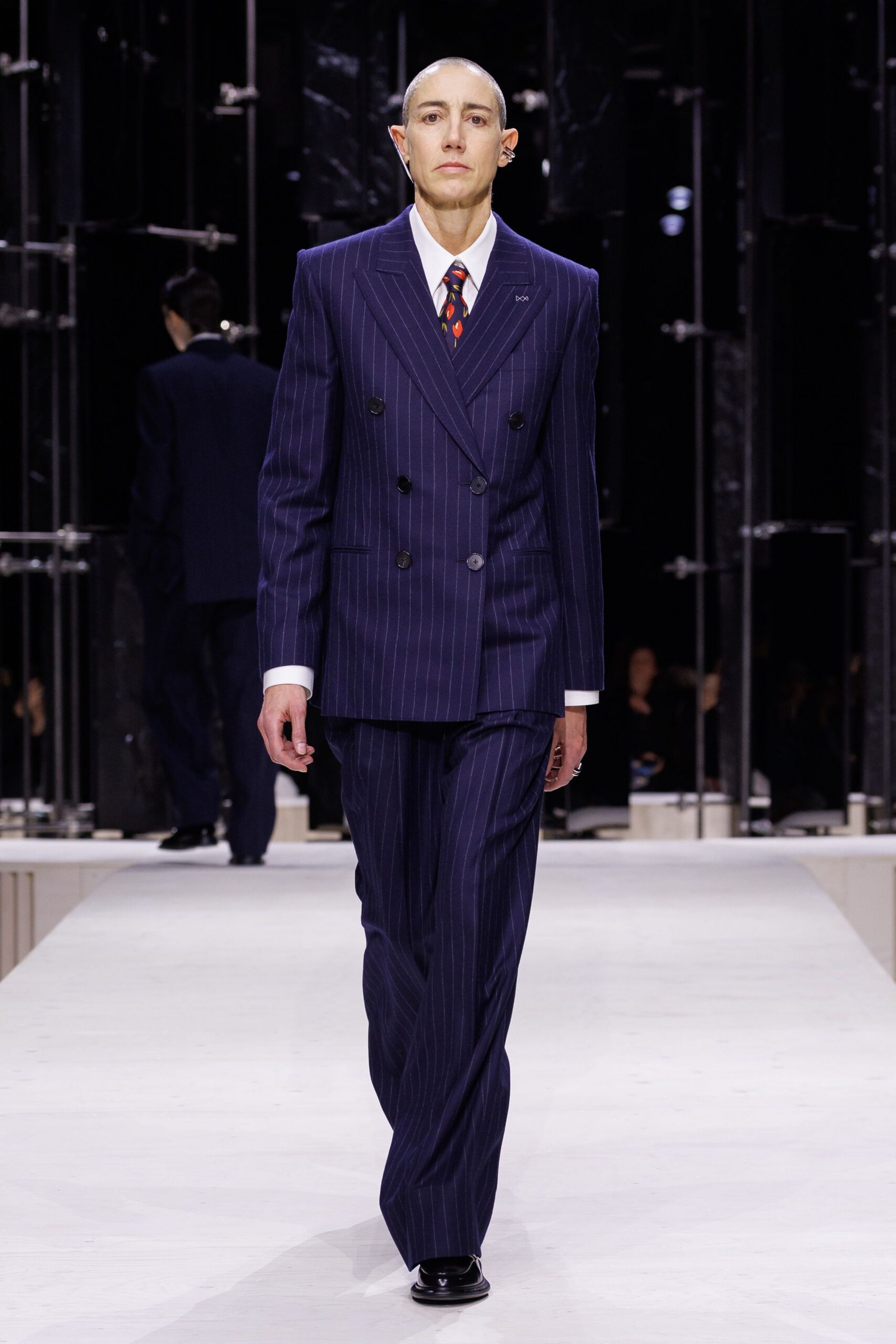 blue wool long-sleeve collared tailored striped suit