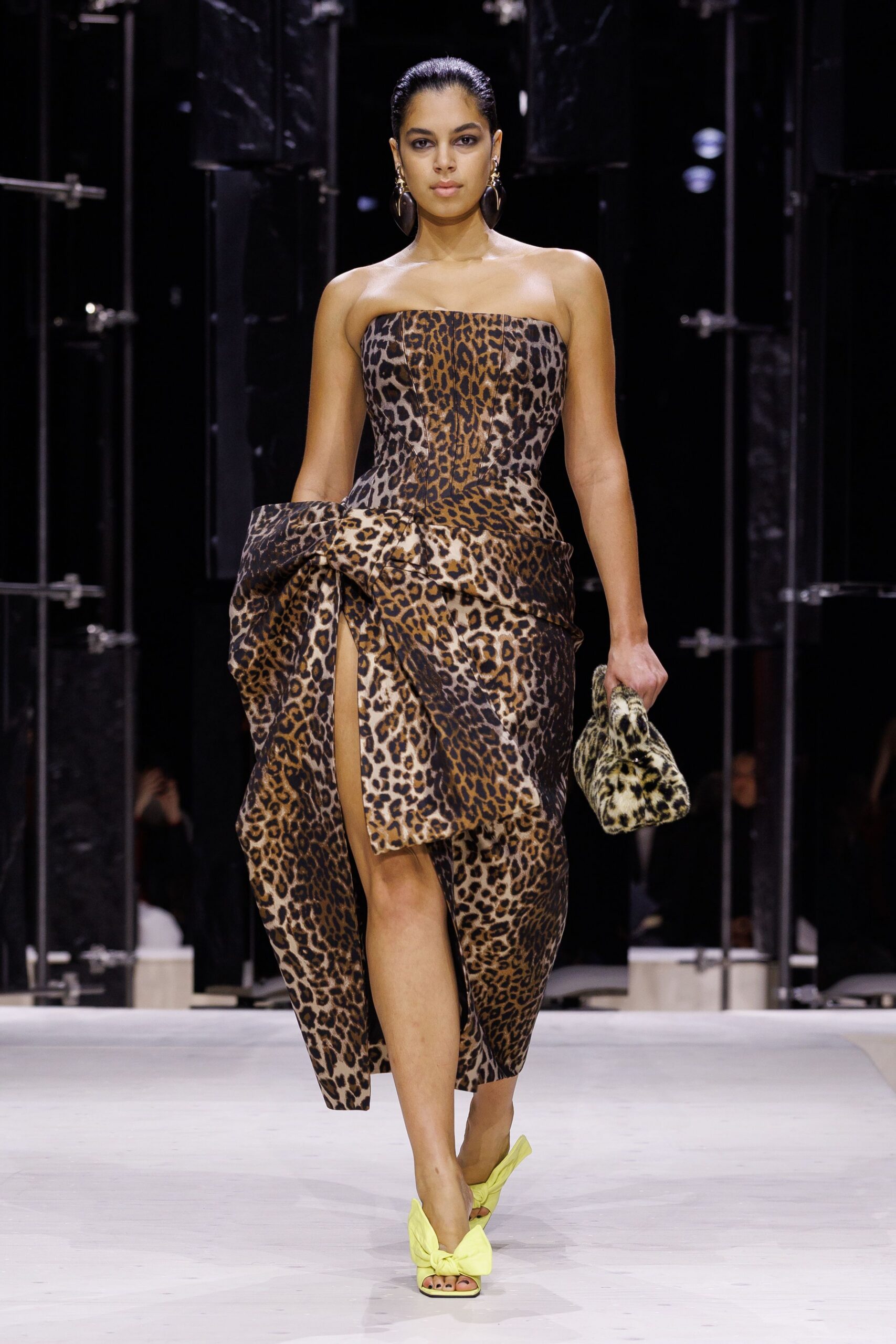 brown silk strapless slit fitted animal-print draped gown