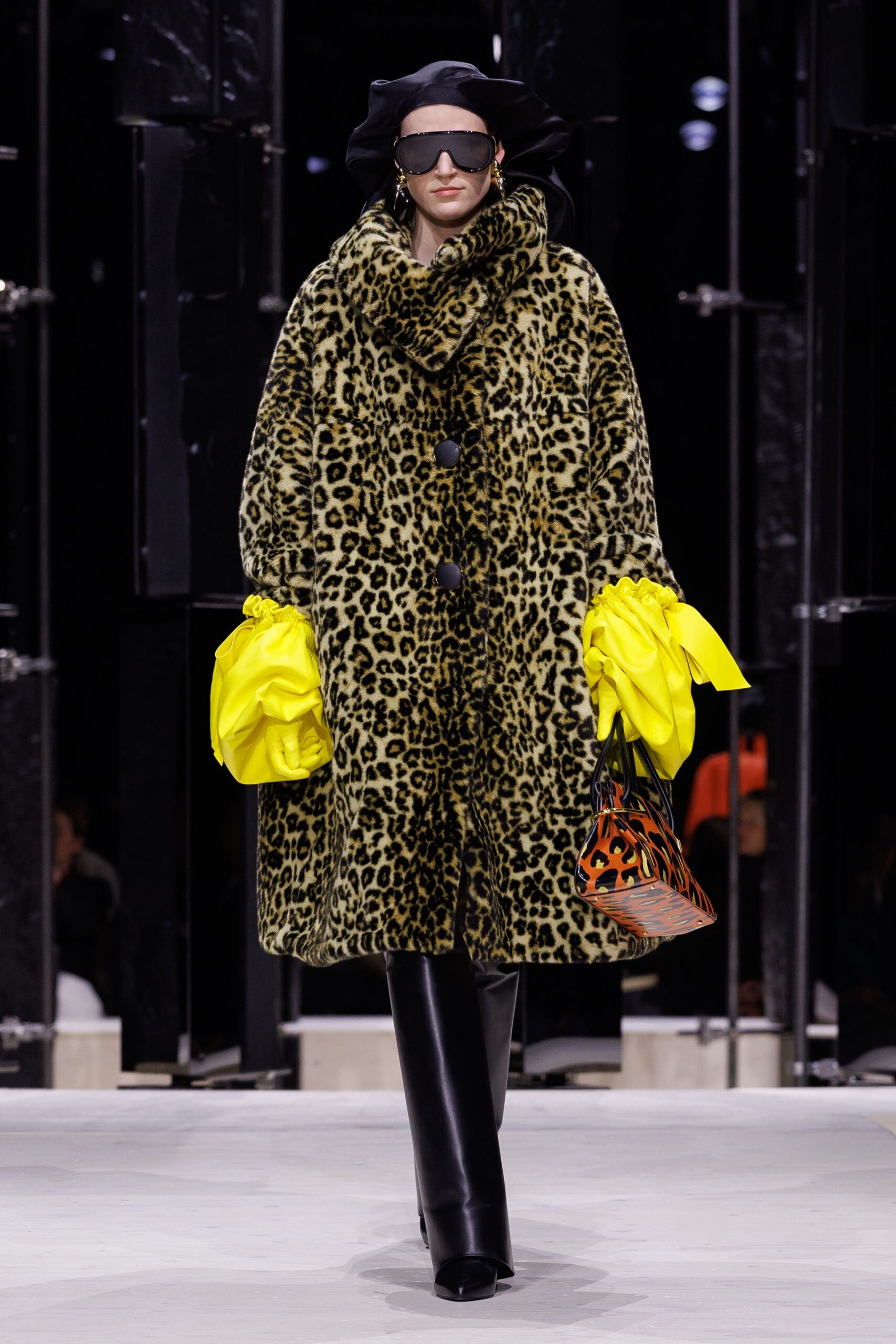 green fur oversized animal-print coat