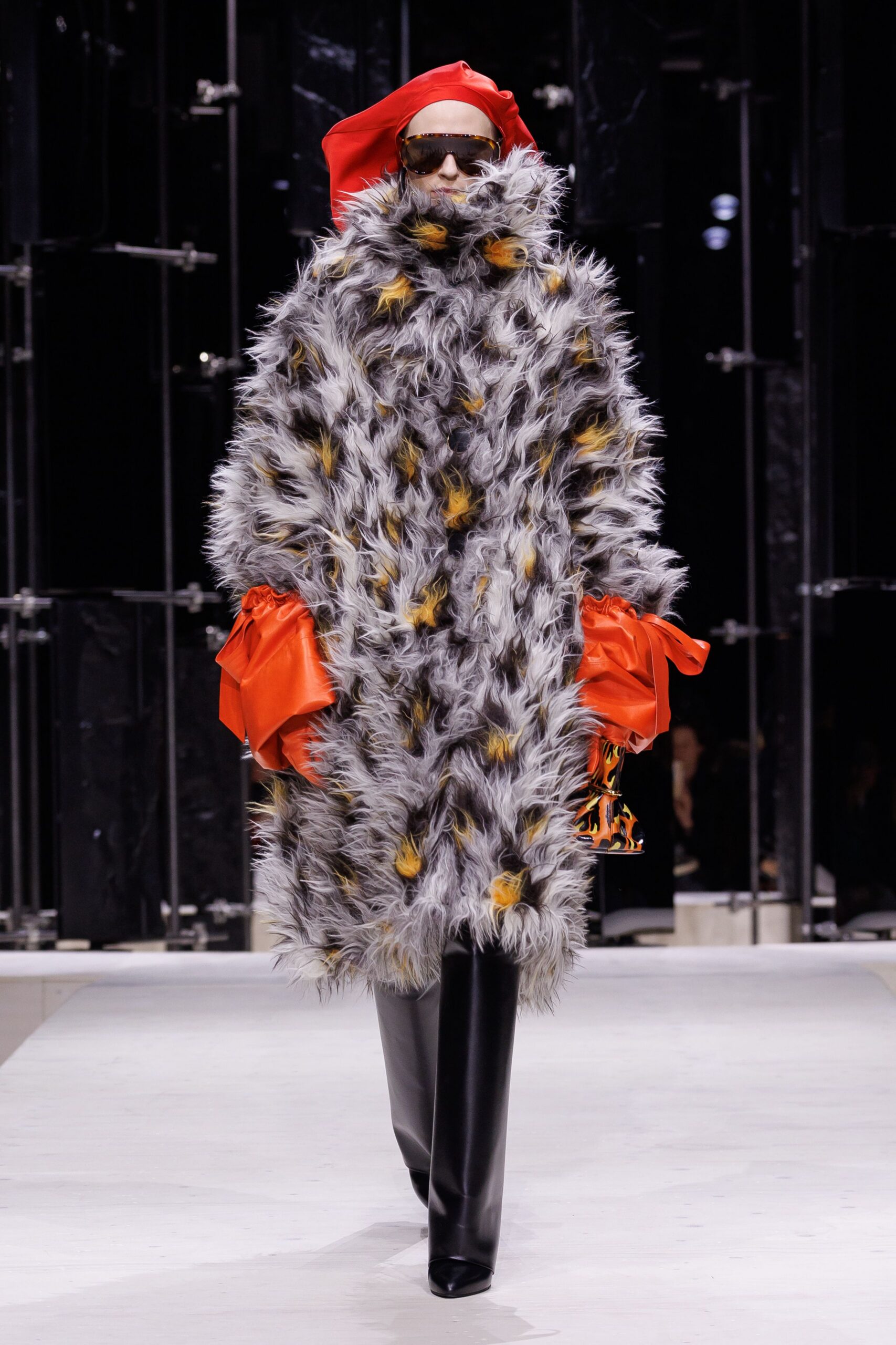 gray fur oversized fringed maxi coat