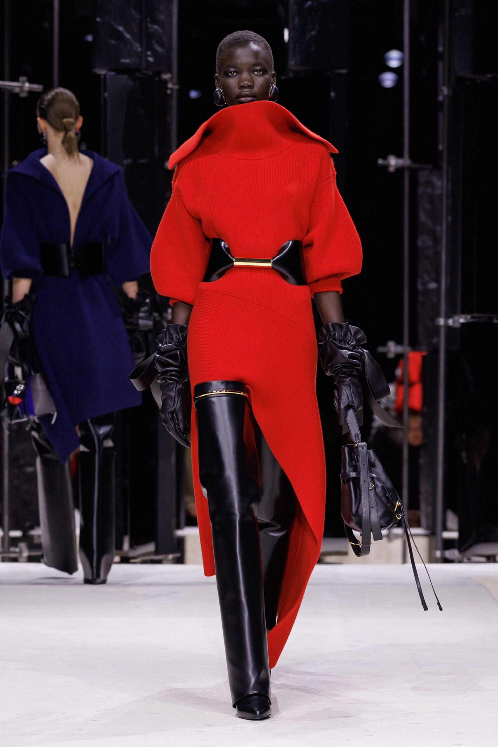red wool long-sleeve high-neck fitted midi dress
