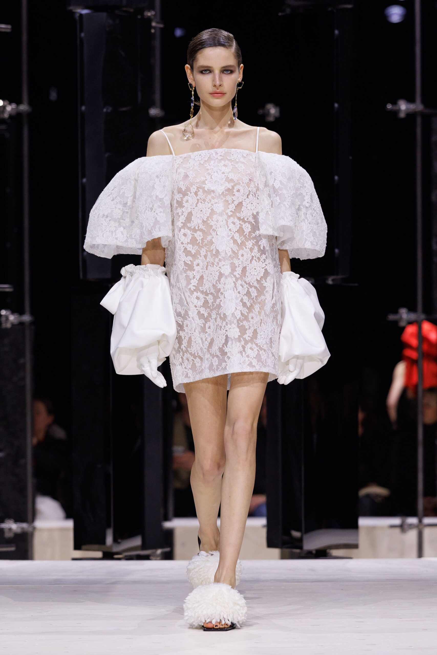 white lace sleeveless off-shoulder fitted ruffled sheer dress