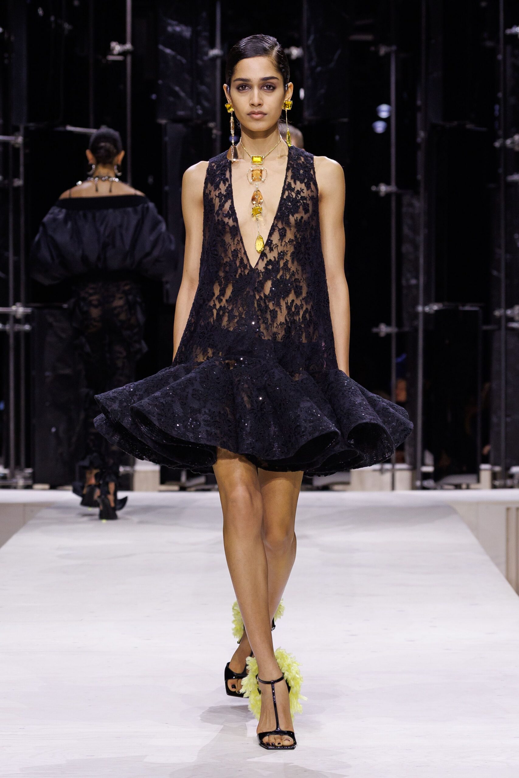 black lace sleeveless v-neck fitted flared pleated dress