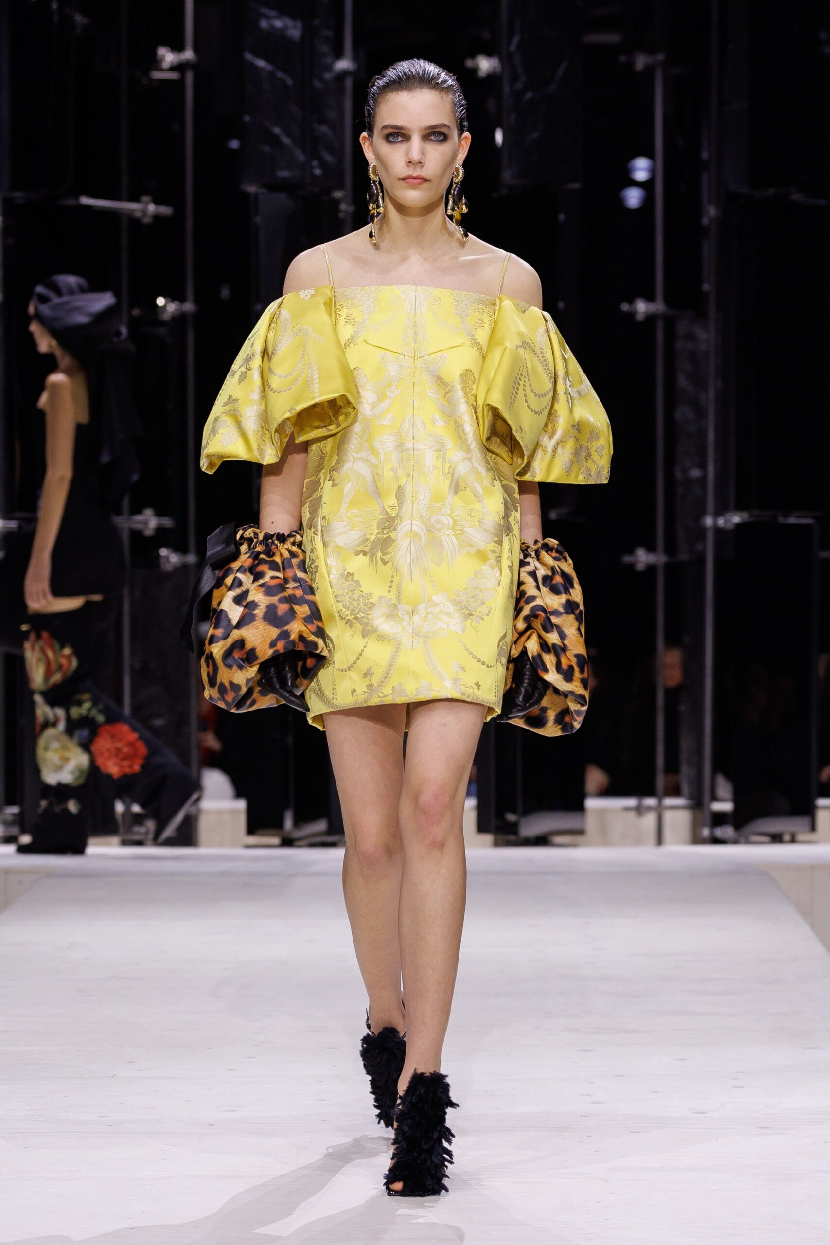 yellow silk off-shoulder short-sleeve fitted floral pleated dress