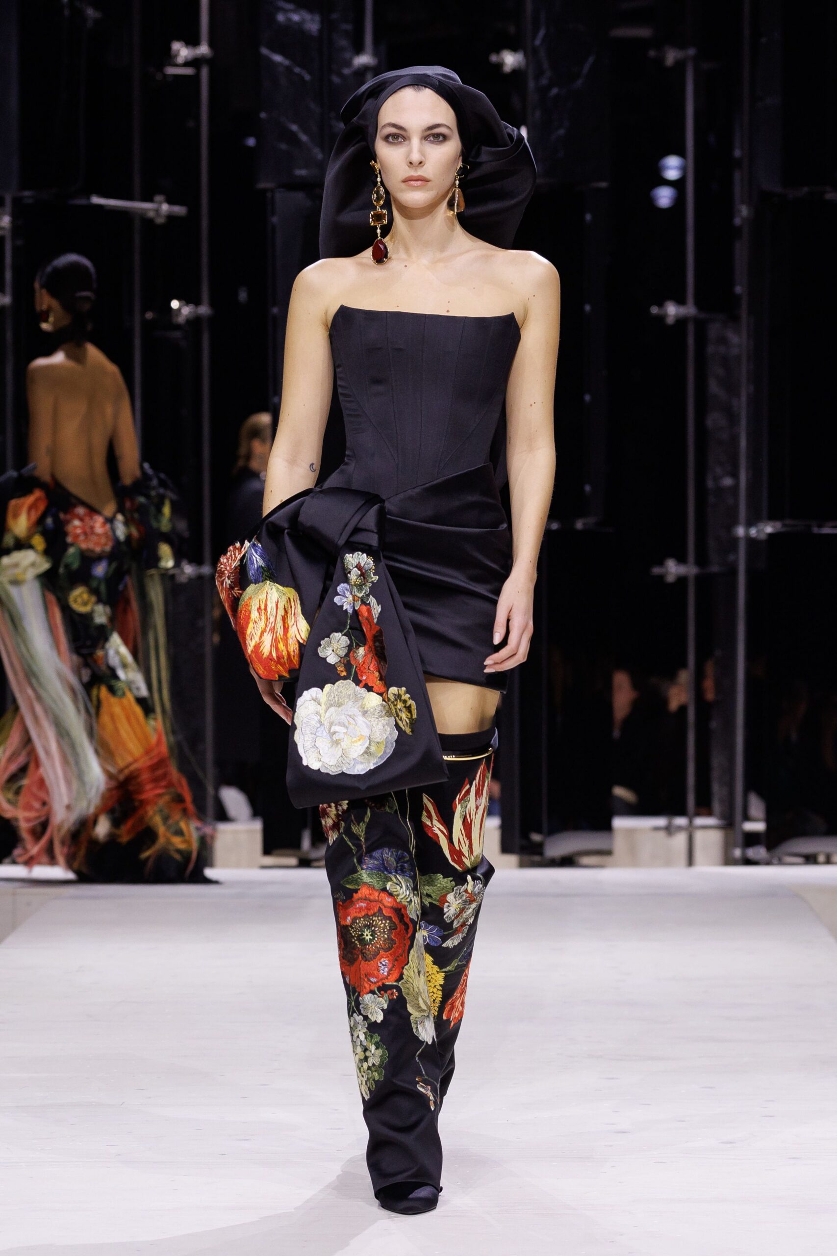 black silk strapless fitted floral embroidered mini dress
