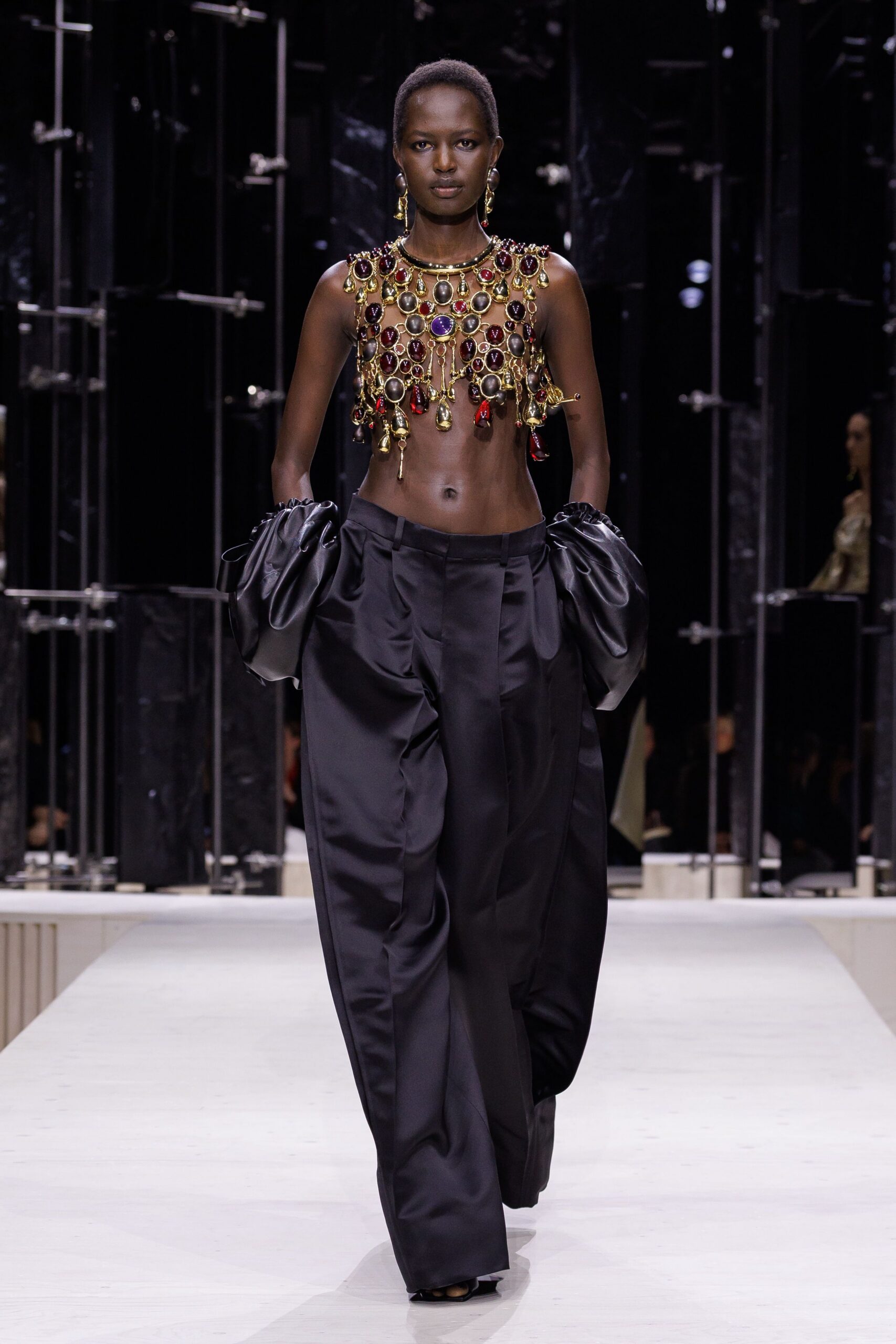 black silk sleeveless high-neck fitted beaded embroidered top