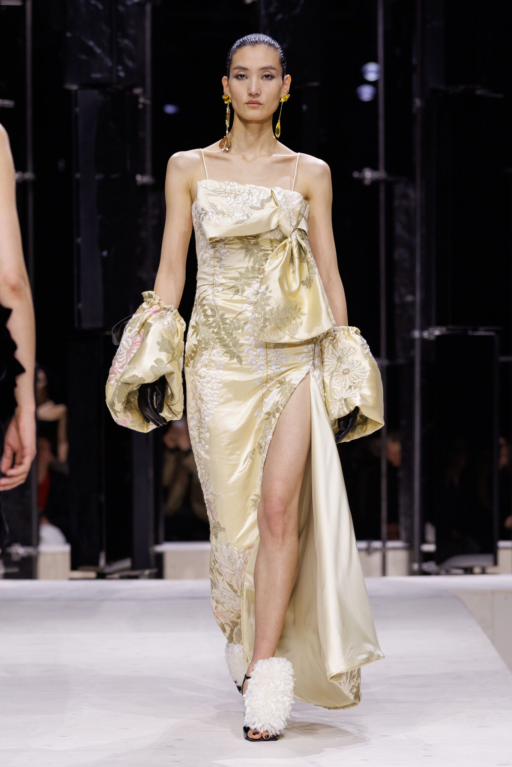 yellow silk sleeveless v-neck fitted embroidered draped gown