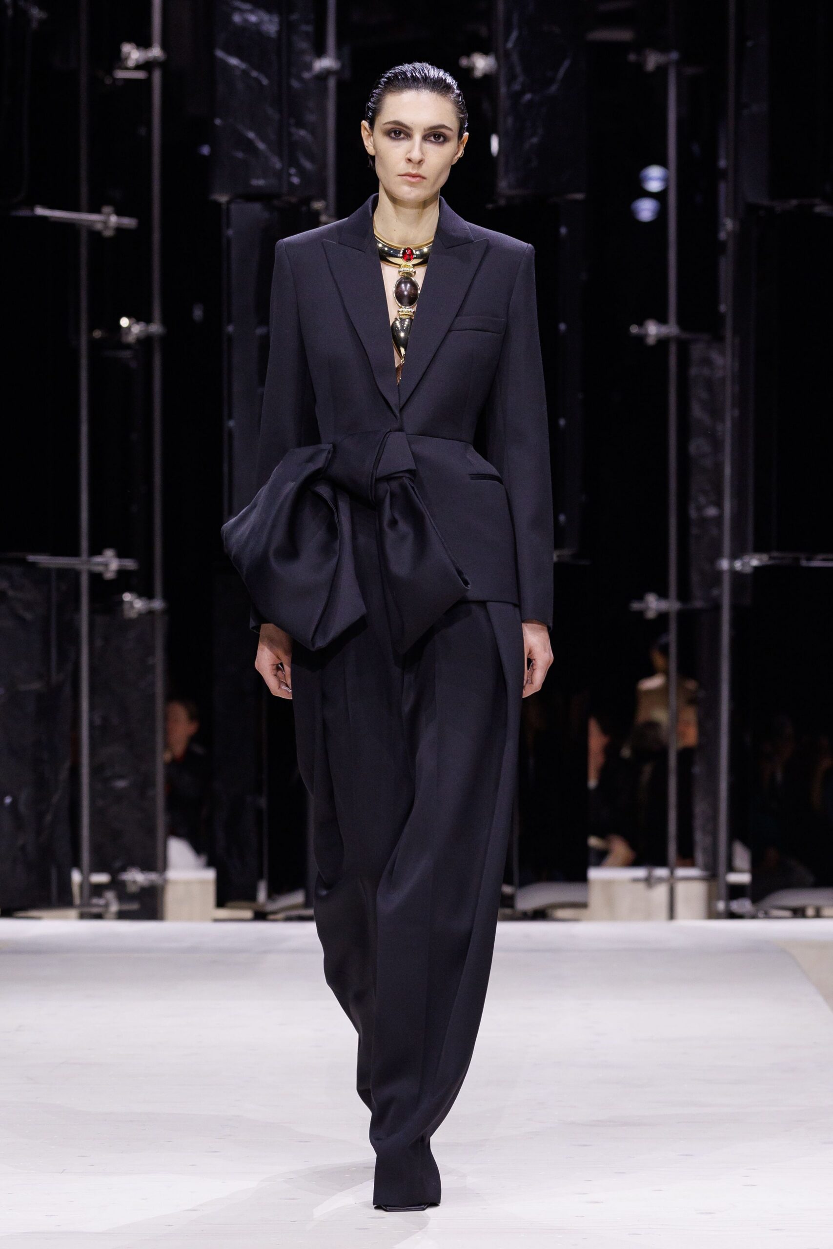 black wool long-sleeve collared tailored zippered belted suit