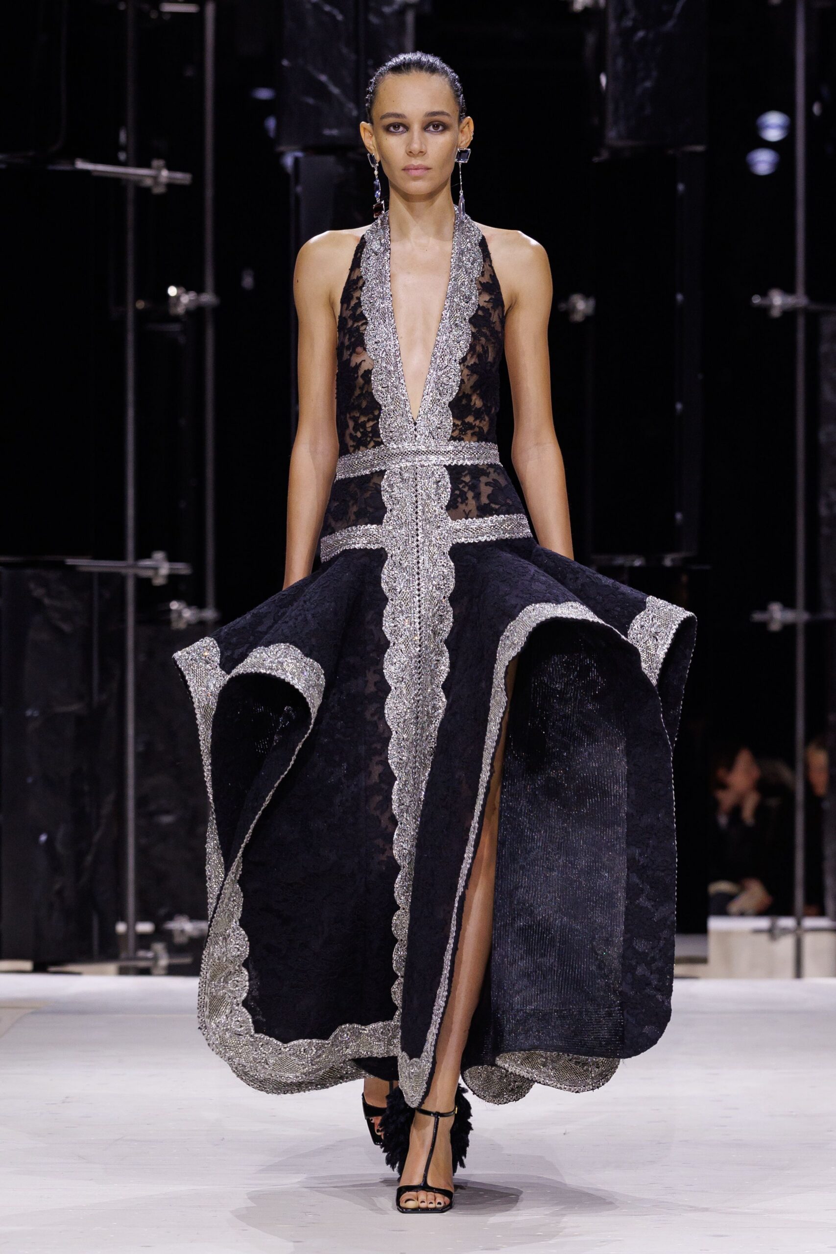 black lace sleeveless v-neck fitted embellished tiered gown