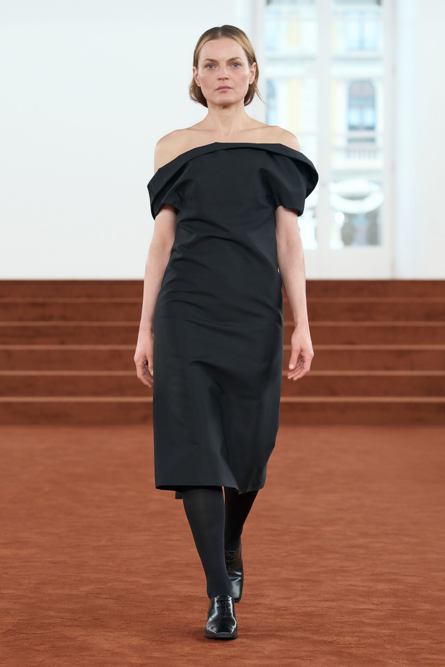 black silk off-shoulder short-sleeve fitted straight-leg midi dress