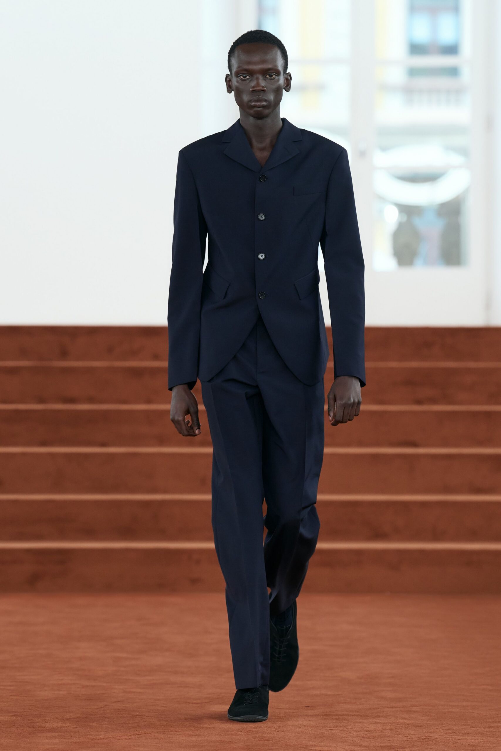 blue cotton long-sleeve collared tailored buttoned suit