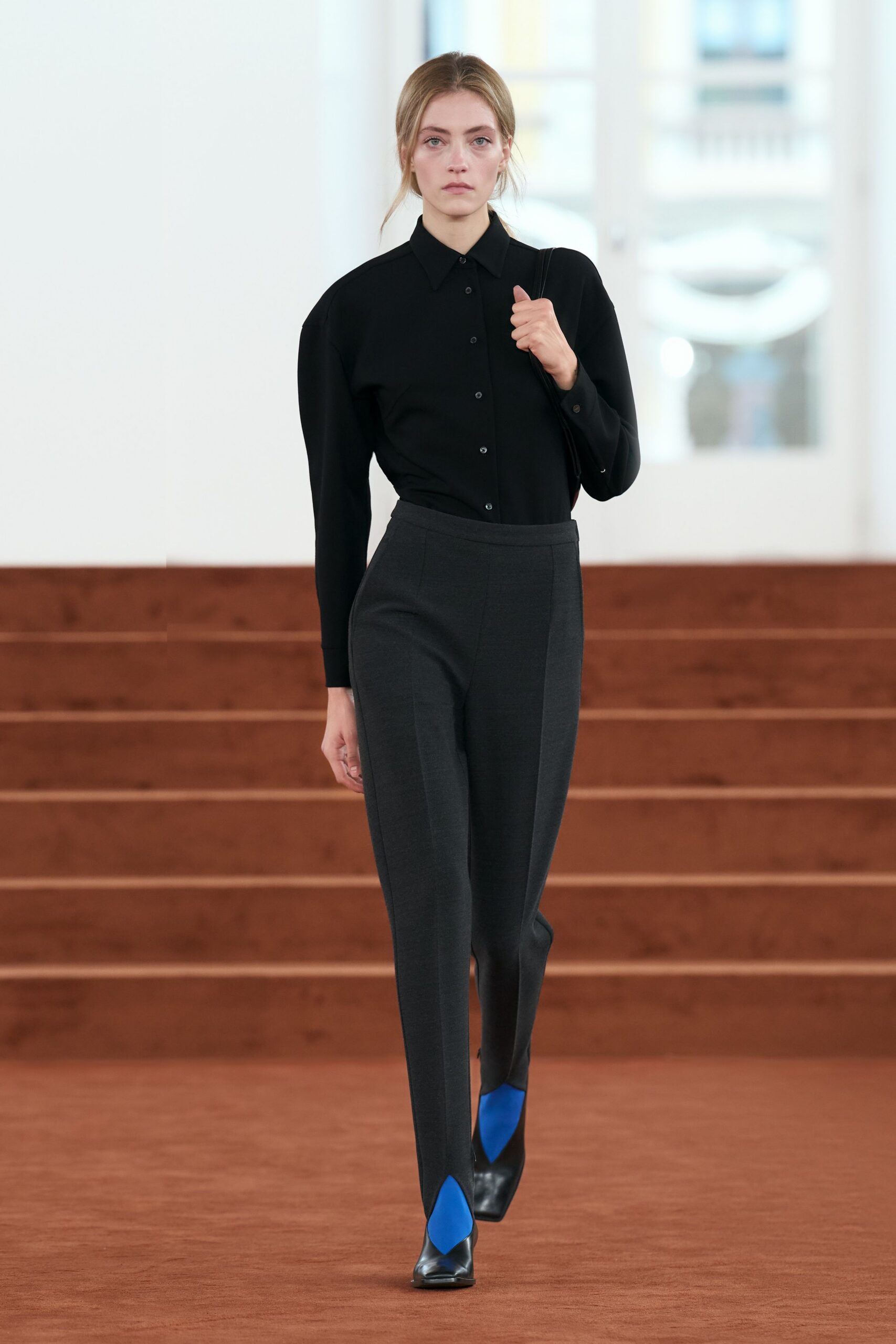 black fitted shirt gray tailored pants