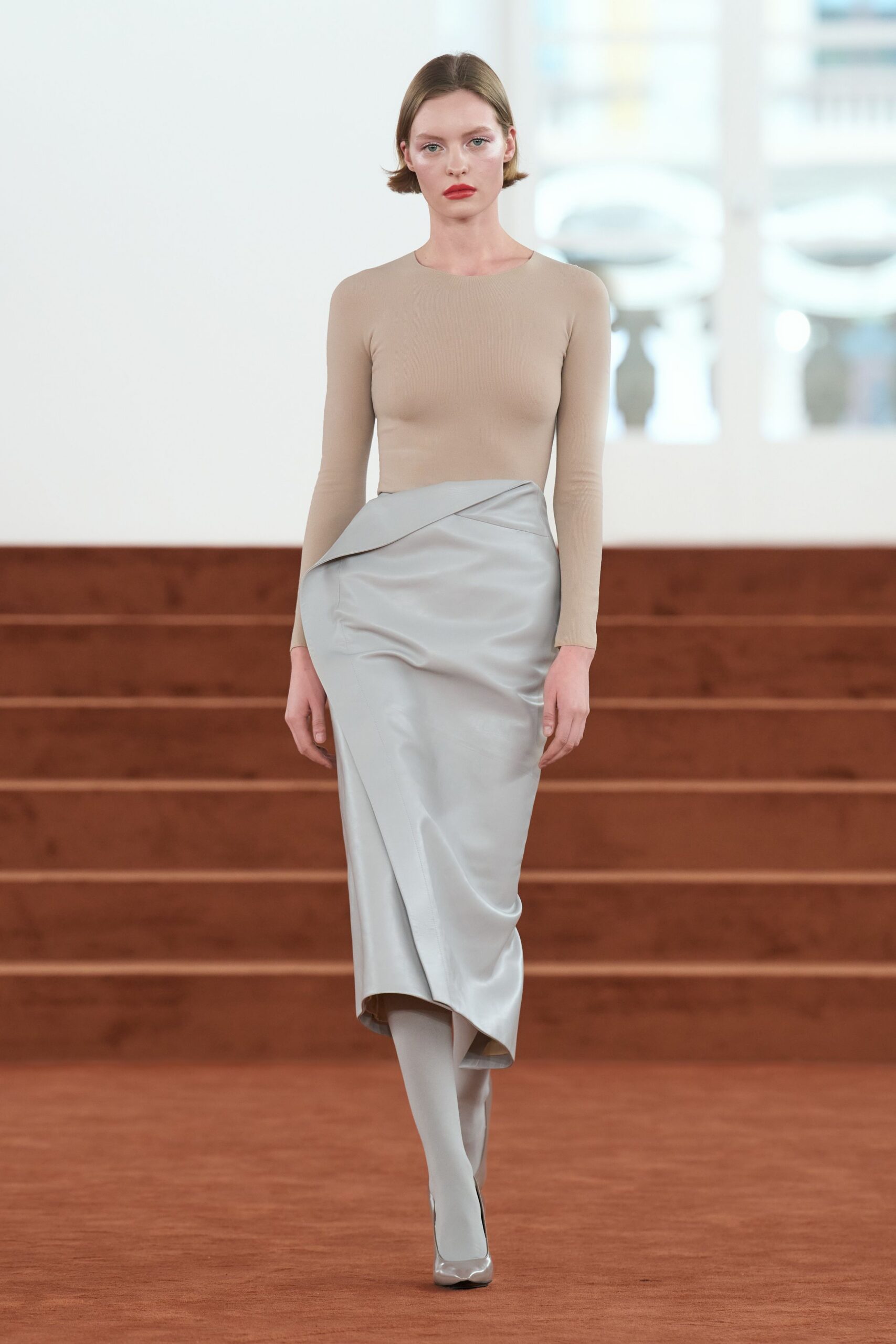 gray satin fitted pencil shiny skirt