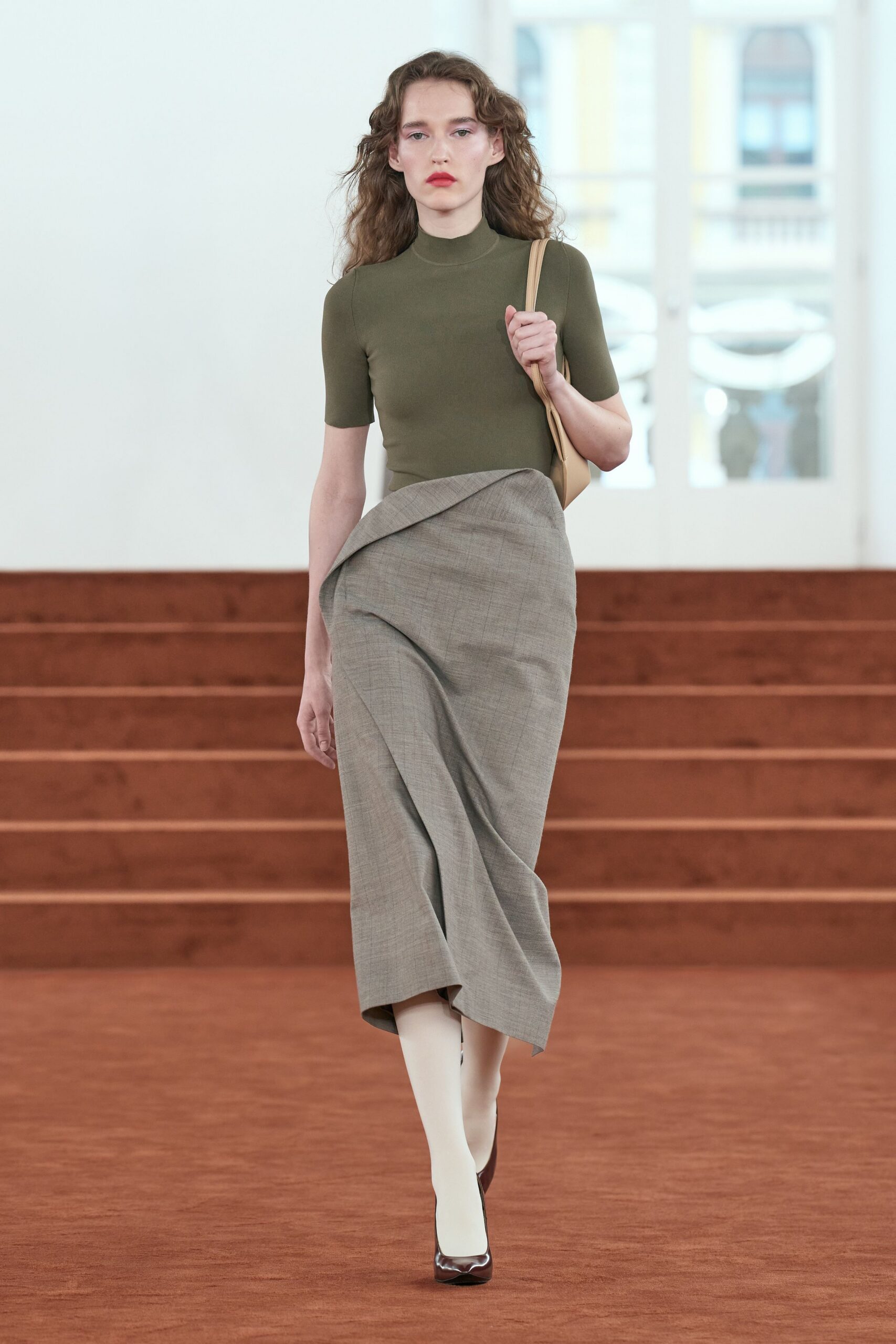 gray wool asymmetric relaxed pleated midi skirt