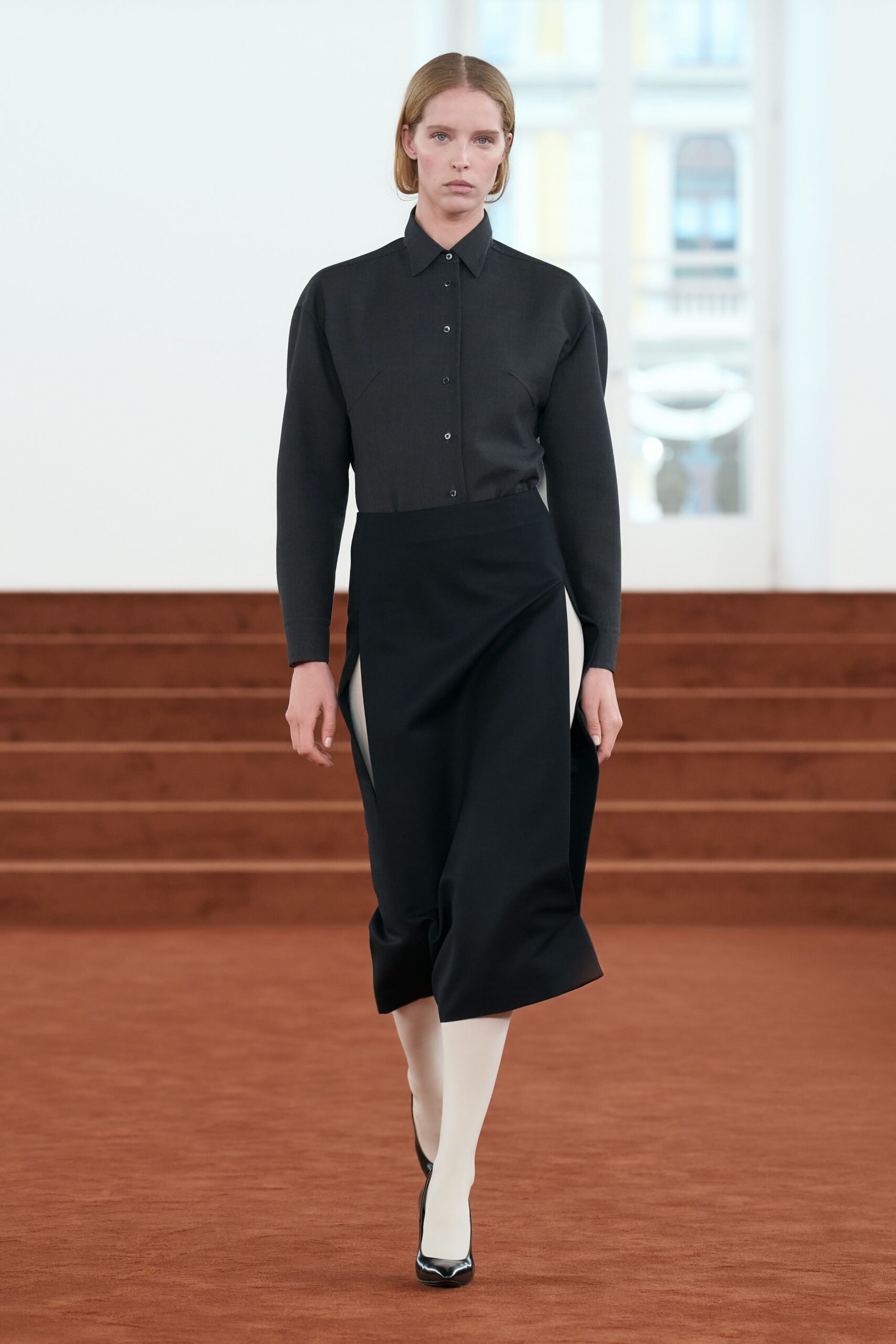 black fitted shirt and skirt