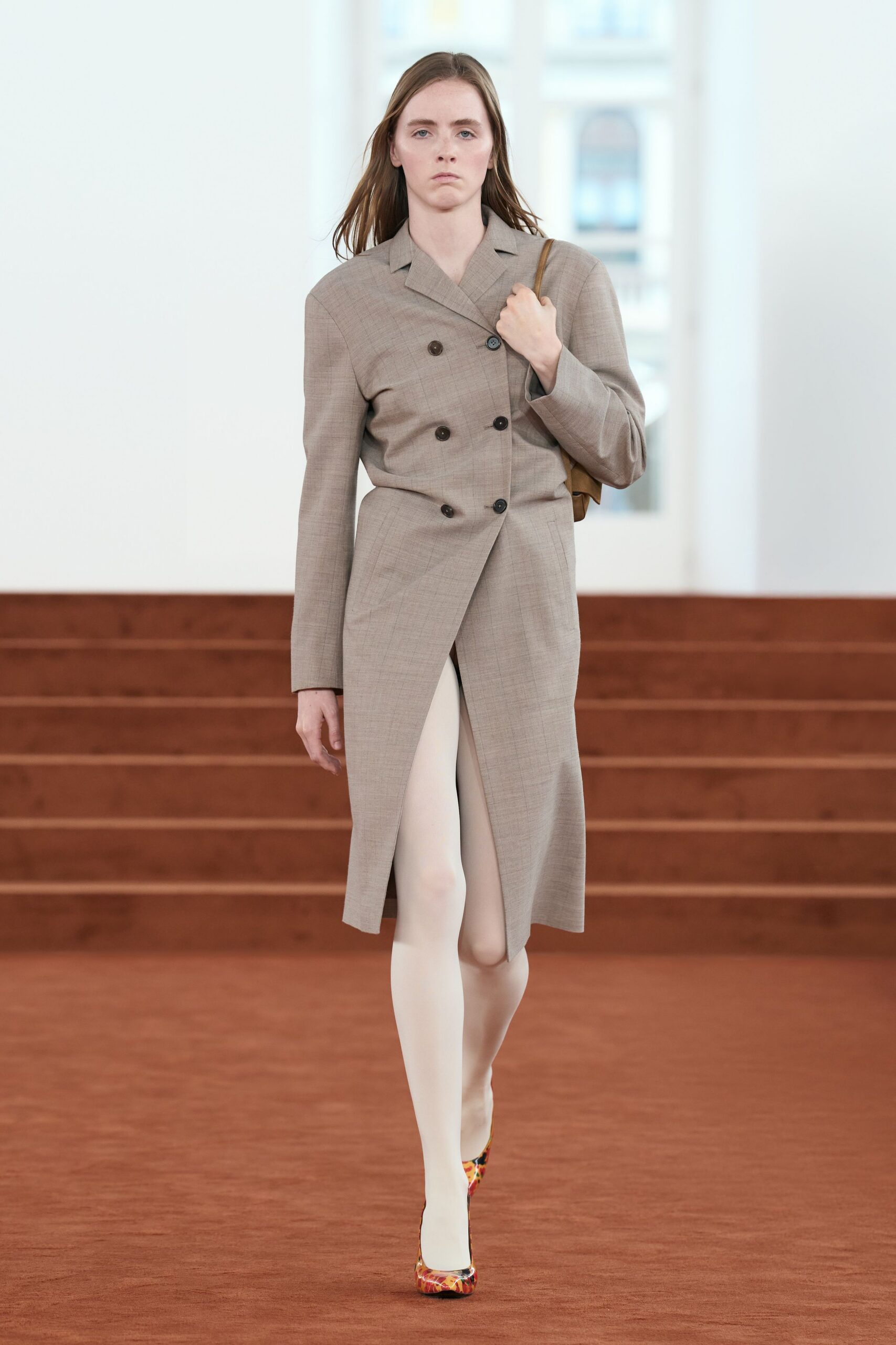 beige wool long-sleeve double-breasted tailored checked midi coat