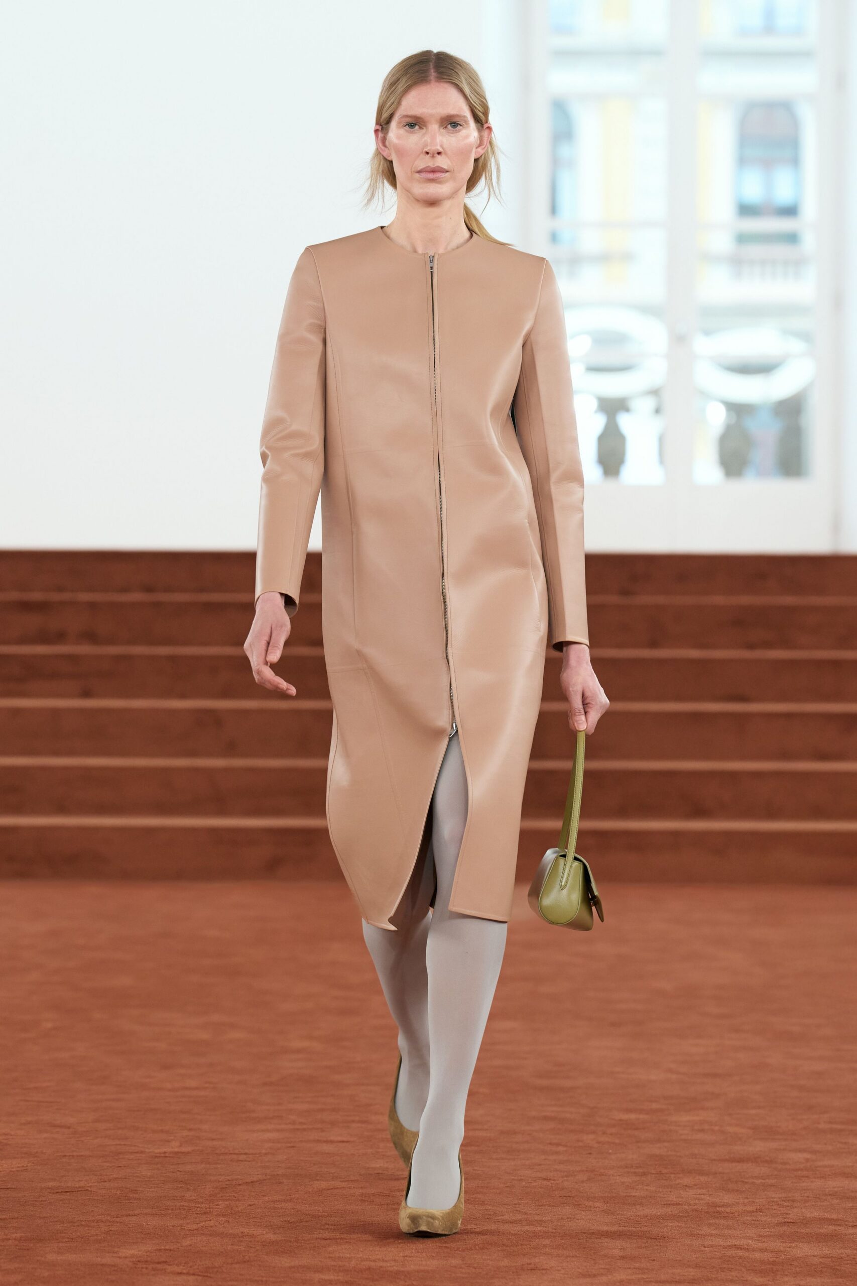 beige leather long-sleeve collared fitted zippered straight-leg dress