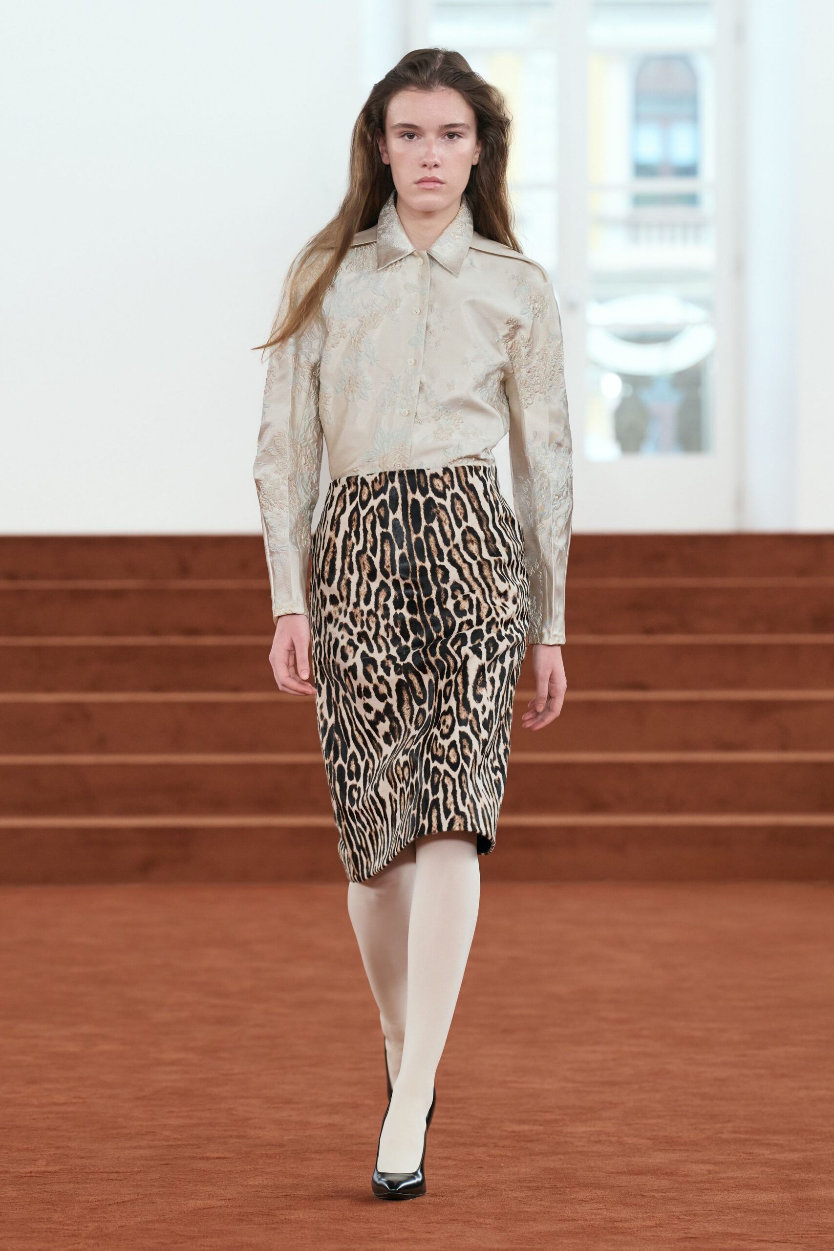 beige silk shirt with animal-print skirt