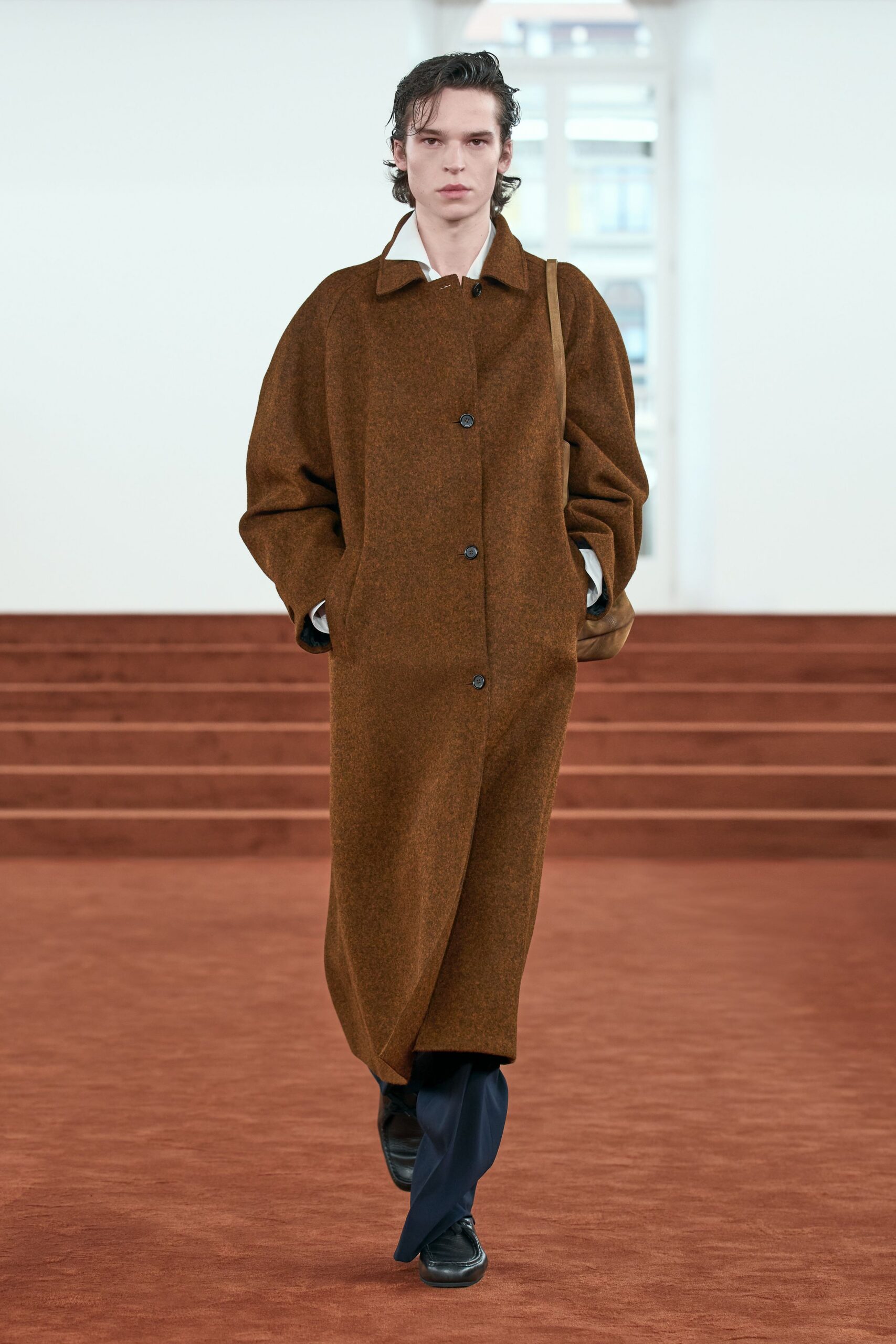 brown wool long-sleeve collared oversized buttoned maxi coat