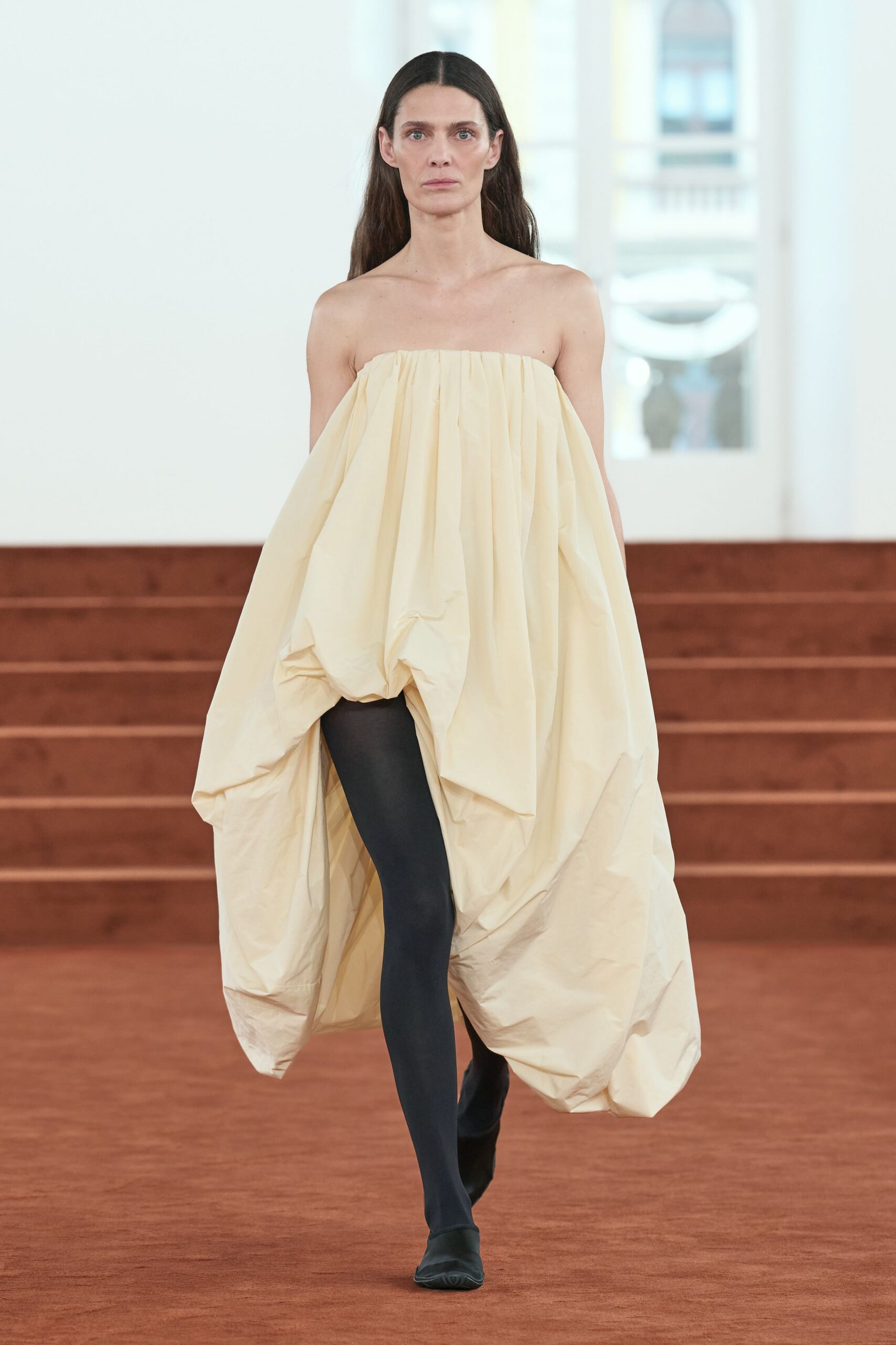 beige cotton strapless relaxed pleated midi dress