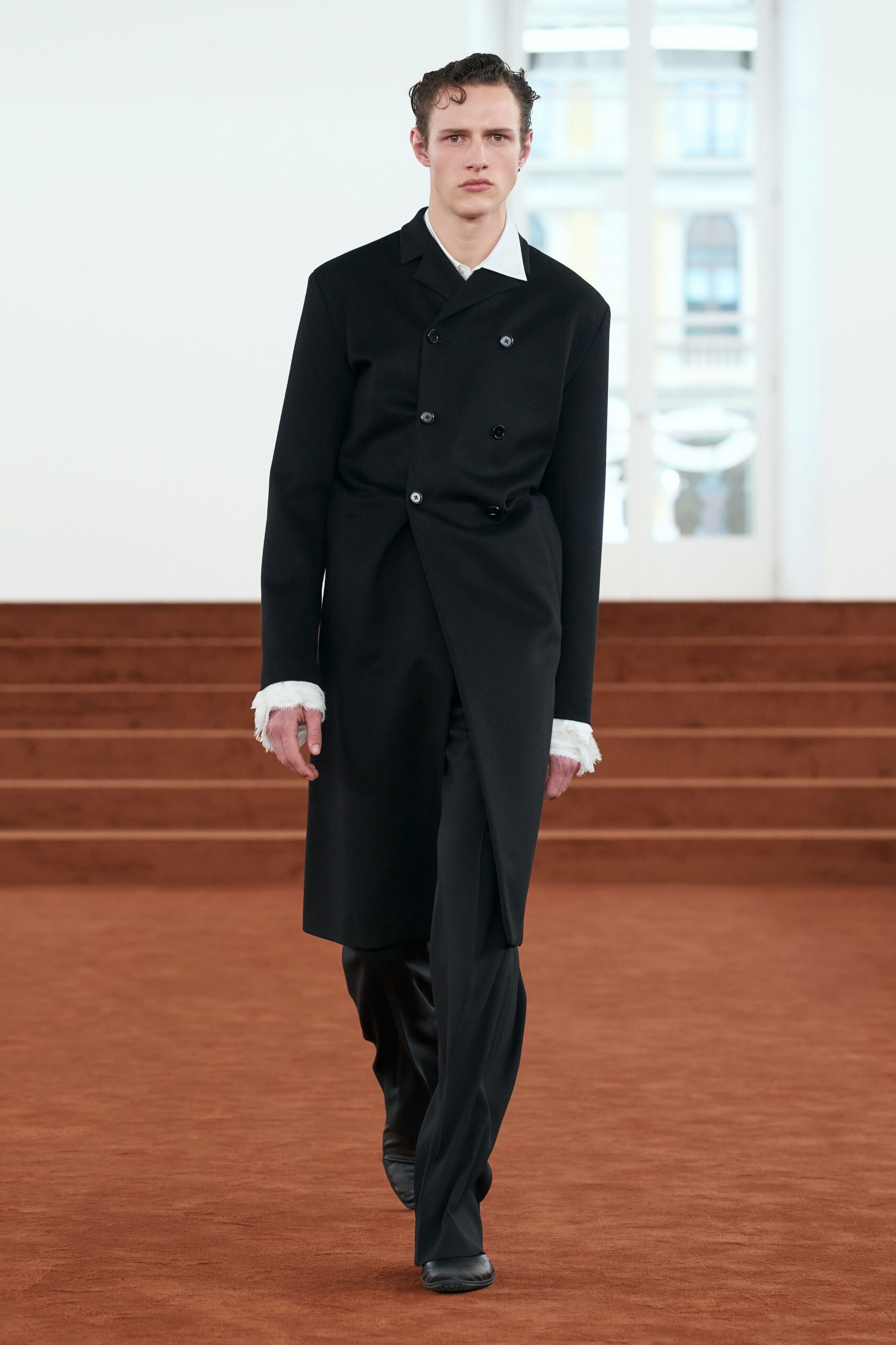 black wool long-sleeve double-breasted structured buttoned coat