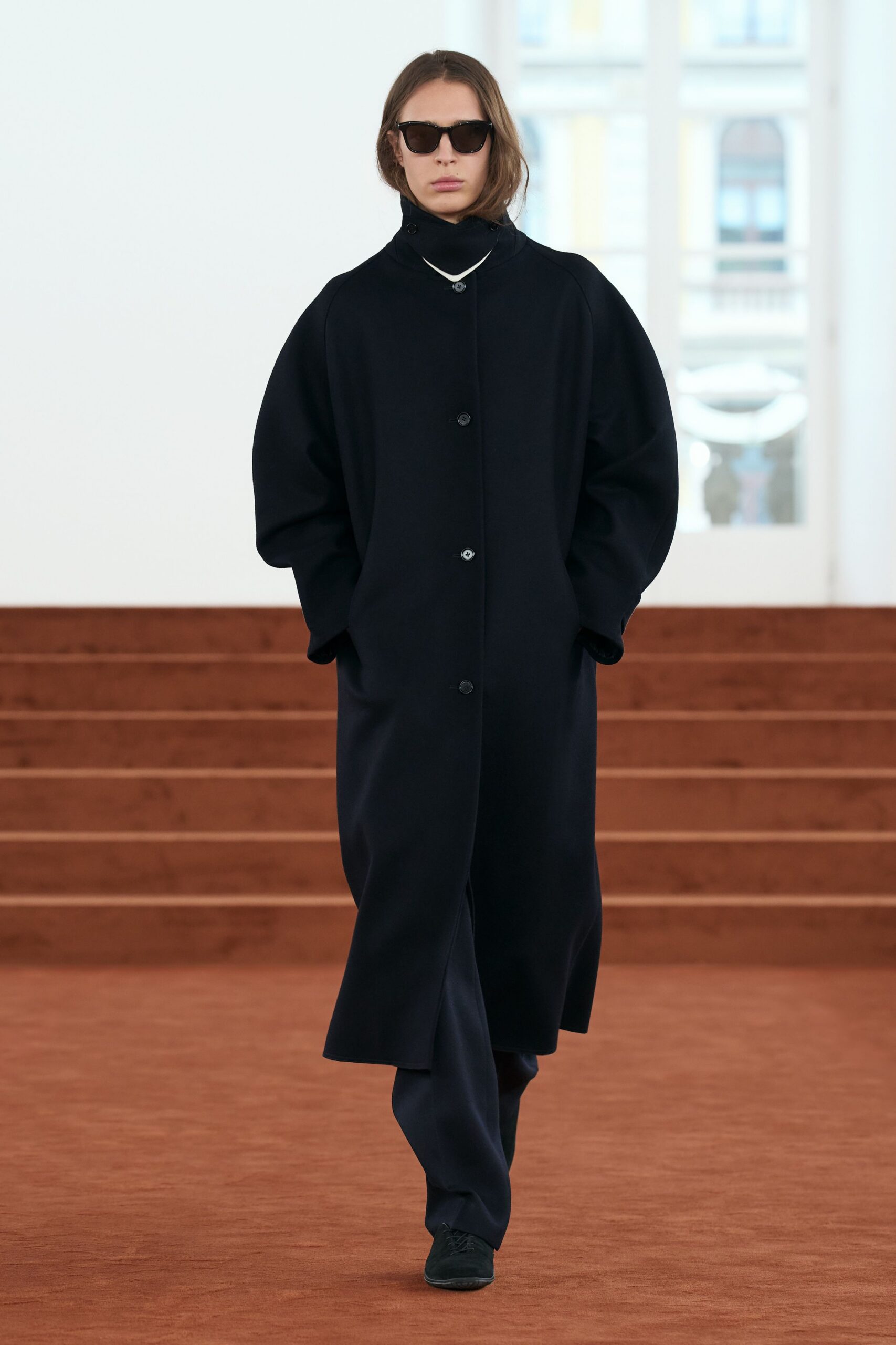 black wool long-sleeve collared oversized buttoned midi coat