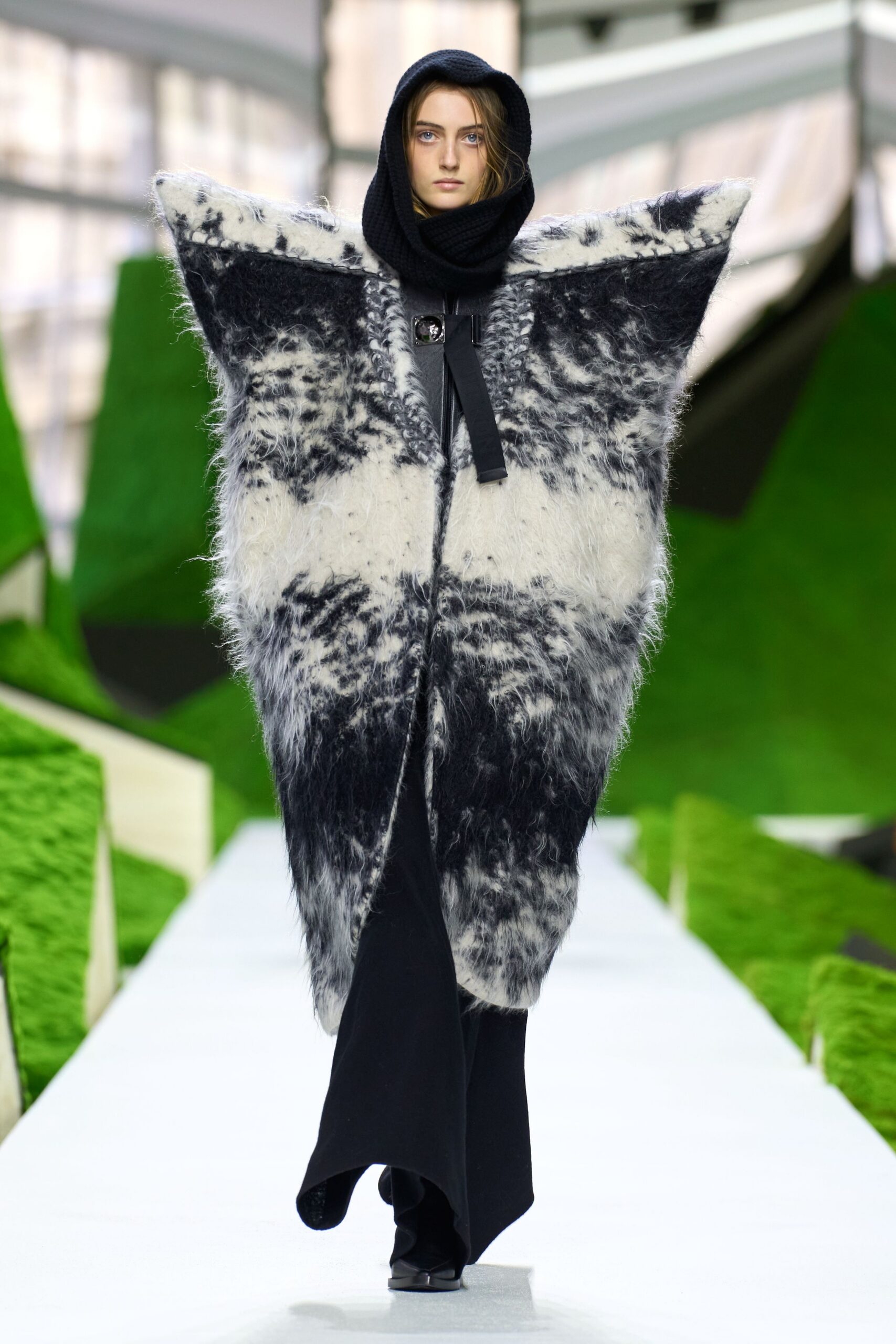 black fur oversized layered maxi coat