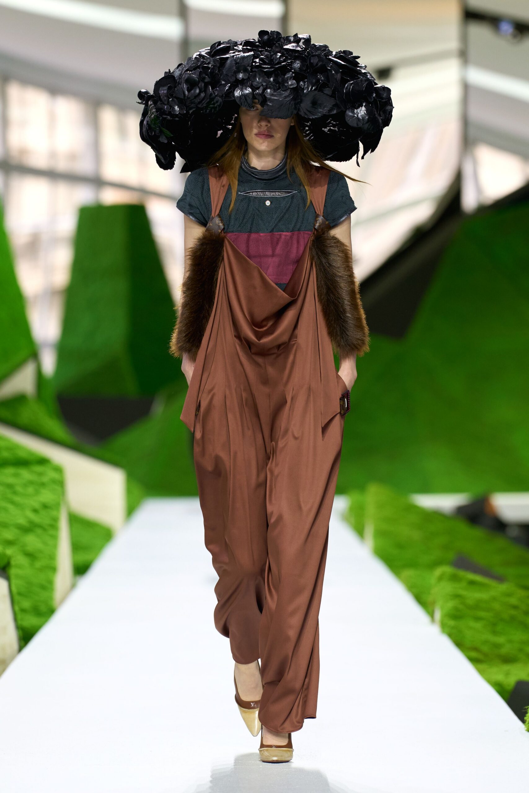 brown silk sleeveless relaxed draped jumpsuit