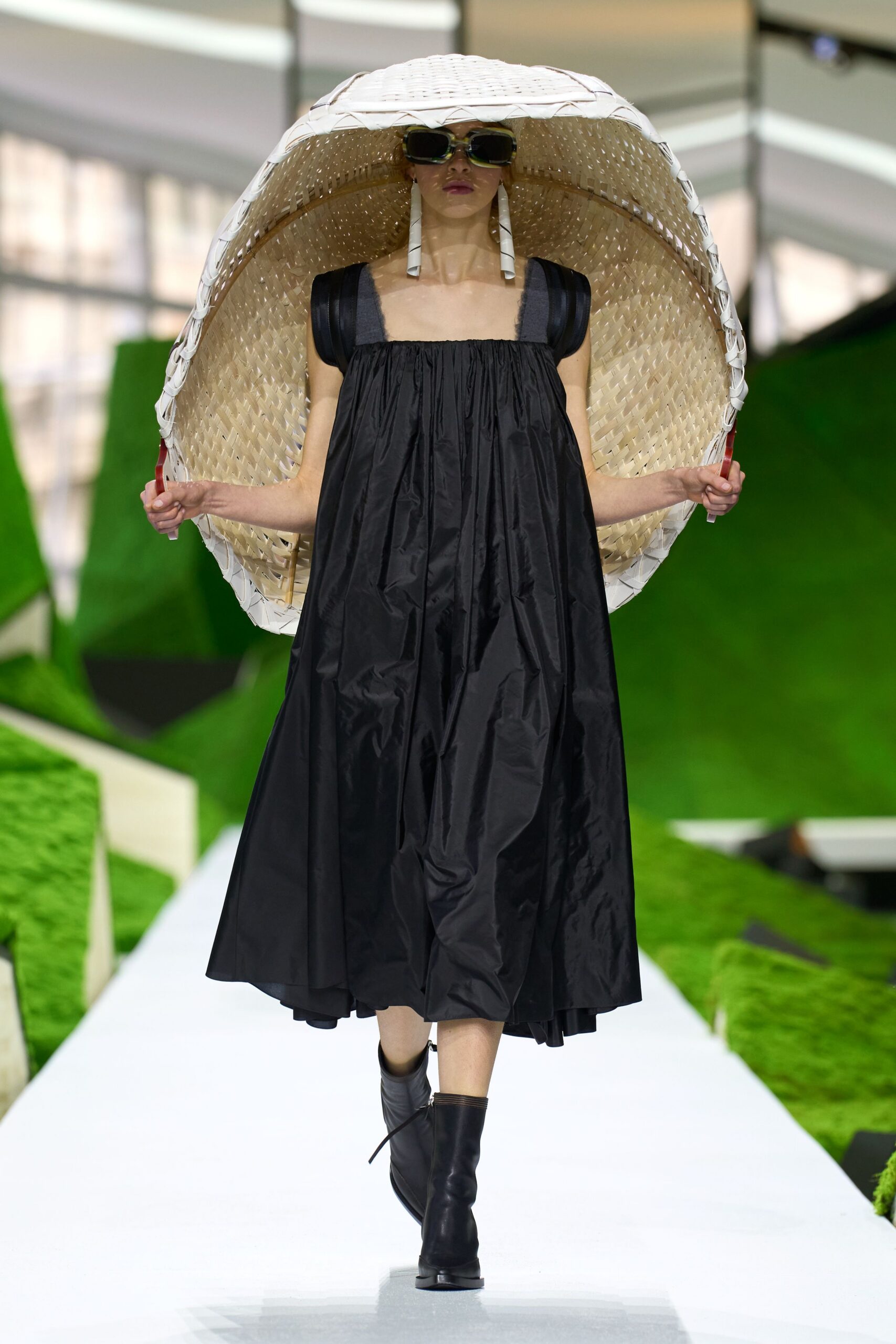 black silk sleeveless square-neck relaxed pleated midi dress