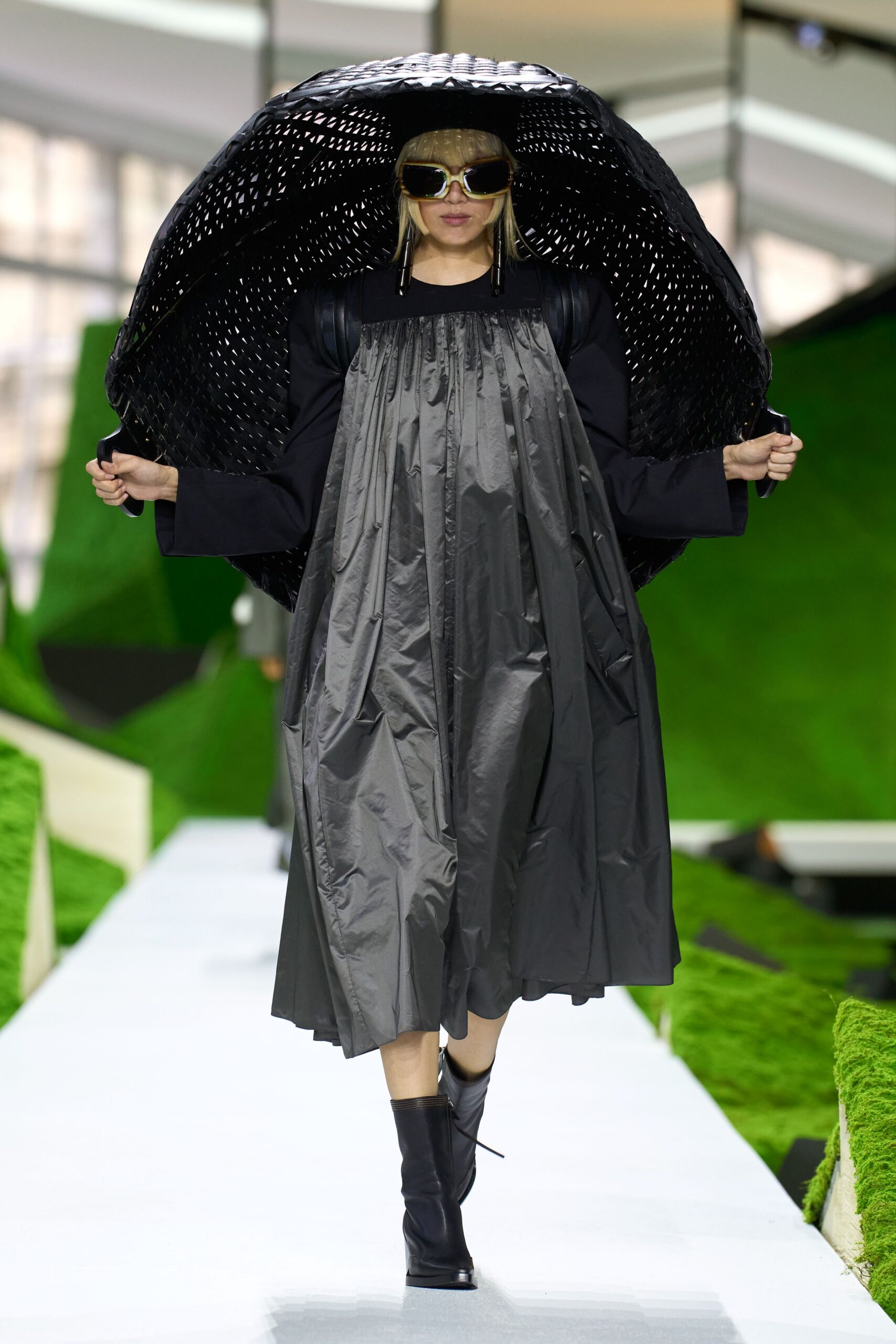 black silk sleeveless high-neck relaxed pleated flowing dress