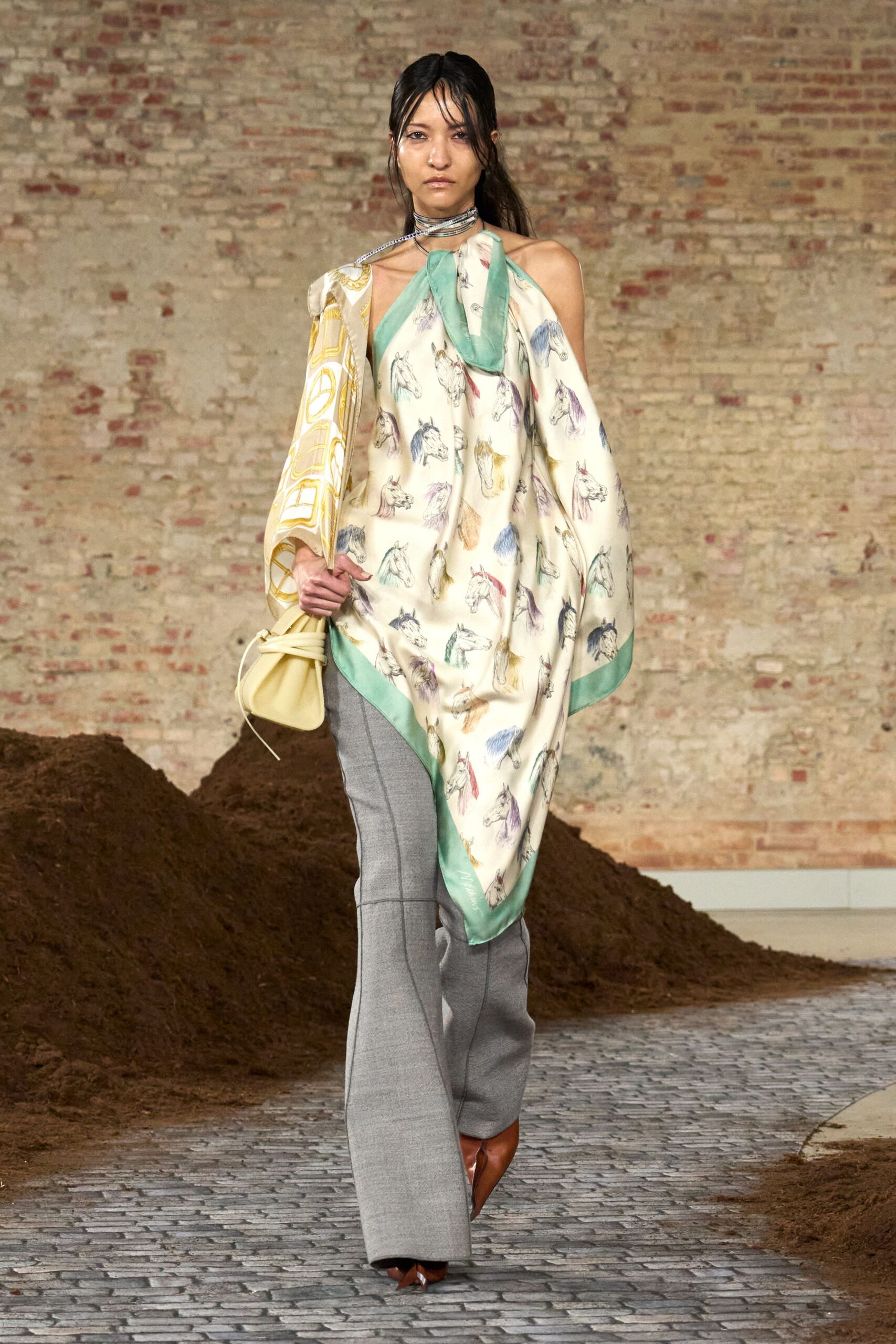 beige silk sleeveless high-neck relaxed printed top