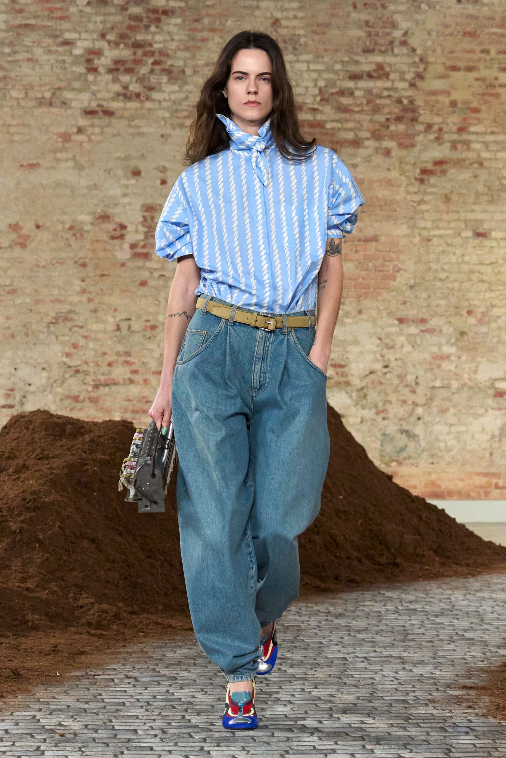 blue striped shirt with relaxed jeans