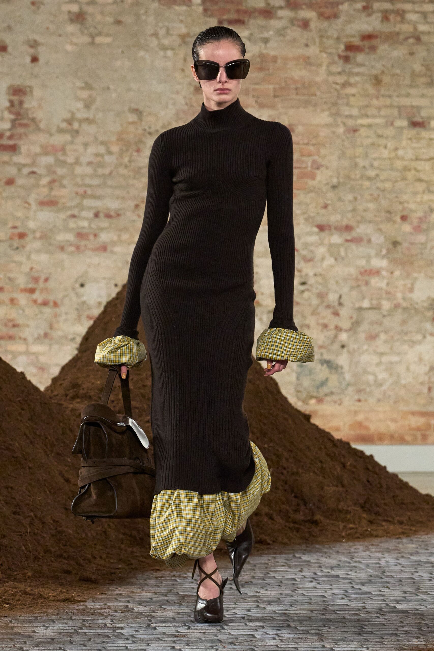 black cotton long-sleeve turtleneck fitted pleated layered dress